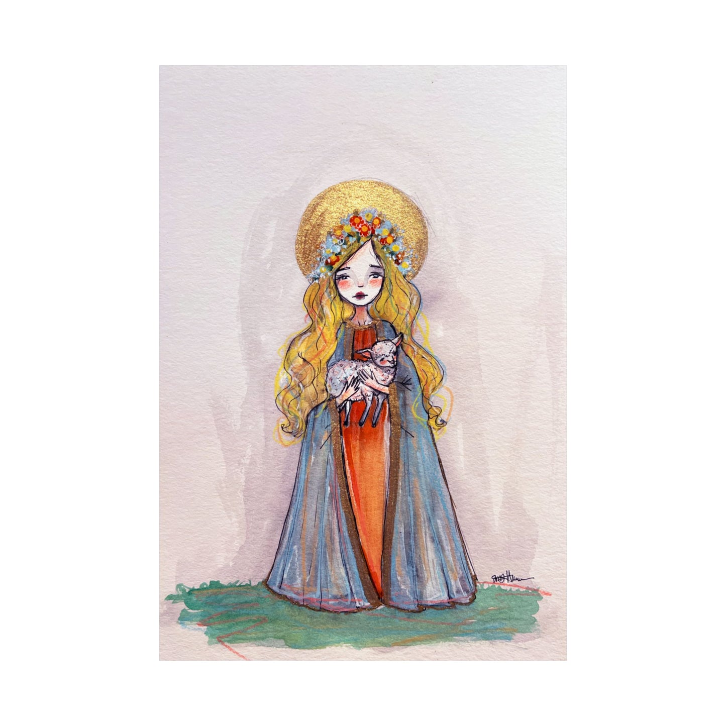 Saint Agnes of Rome Catholic Art Print | Hand-Drawn Watercolor Sacred Artwork | Christian Devotional Wall Art Religious Poster