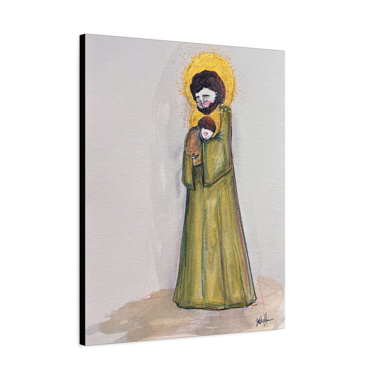 Saint Joseph and Child Jesus Catholic Canvas Print | Hand-Drawn Watercolor Sacred Art | Christian Devotional Wall Art