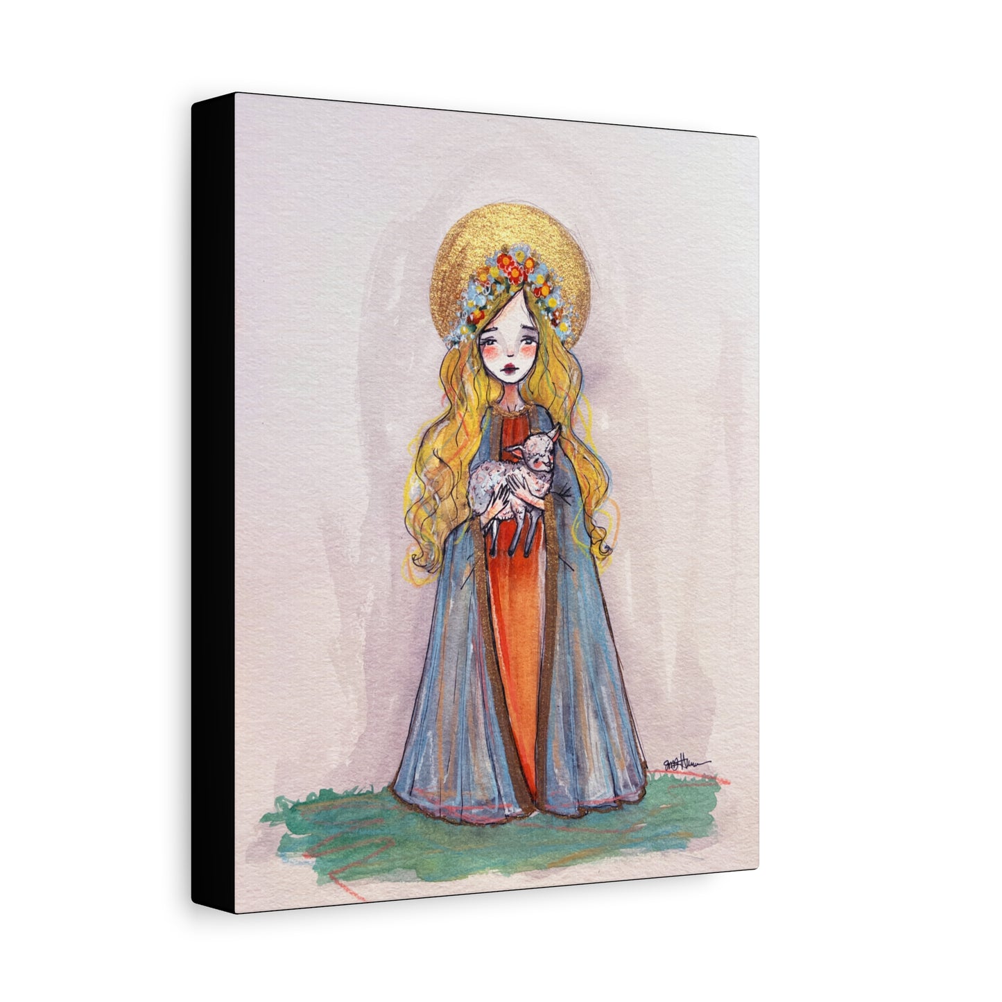 Saint Agnes of Rome Catholic Canvas Print | Christian Sacred Art | Hand-Drawn Watercolor Devotional Wall Art Religious Artwork