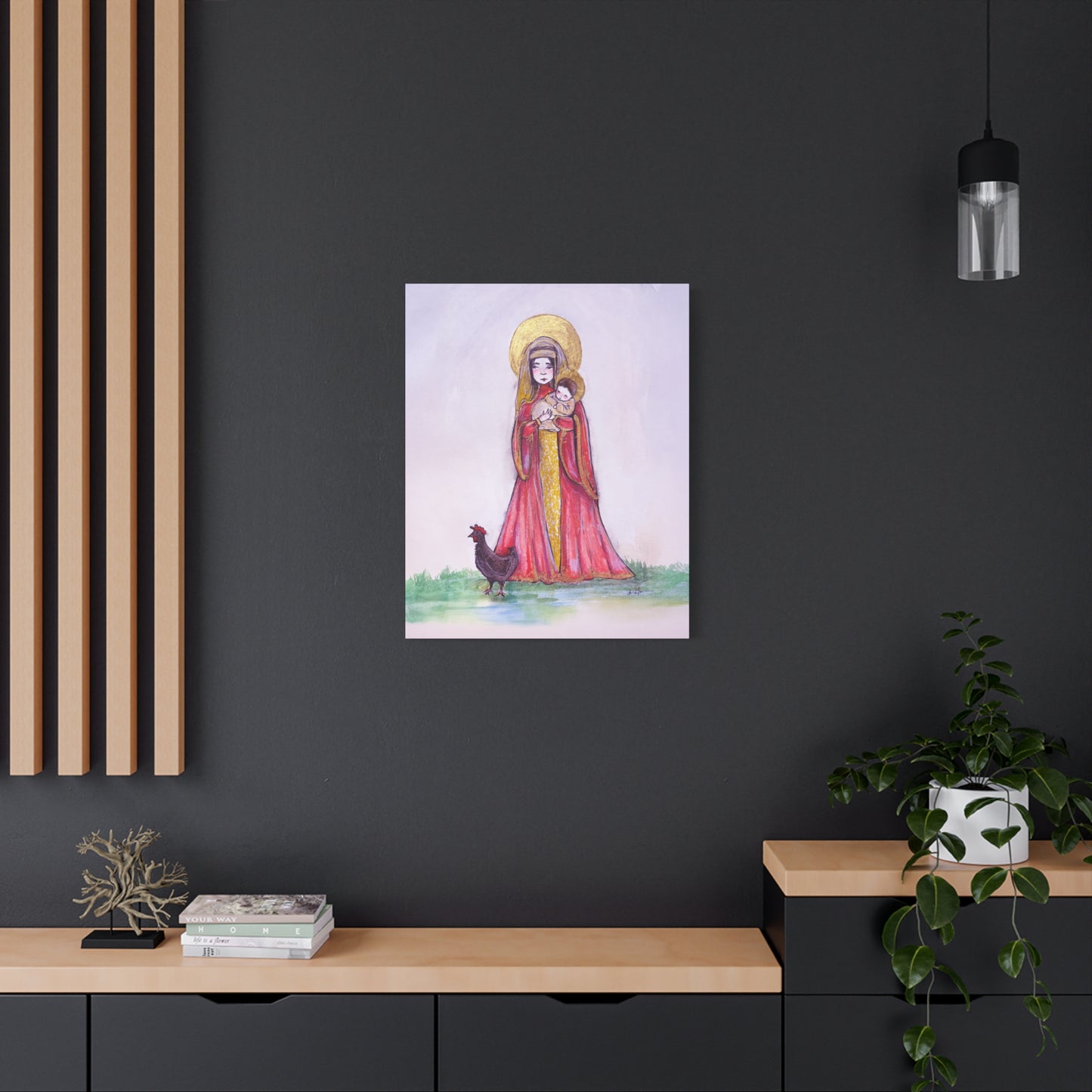 Our Lady of the Hens Catholic Canvas Print | Virgin Mary and Child Sacred Art | Hand-Drawn Watercolor Marian Wall Art