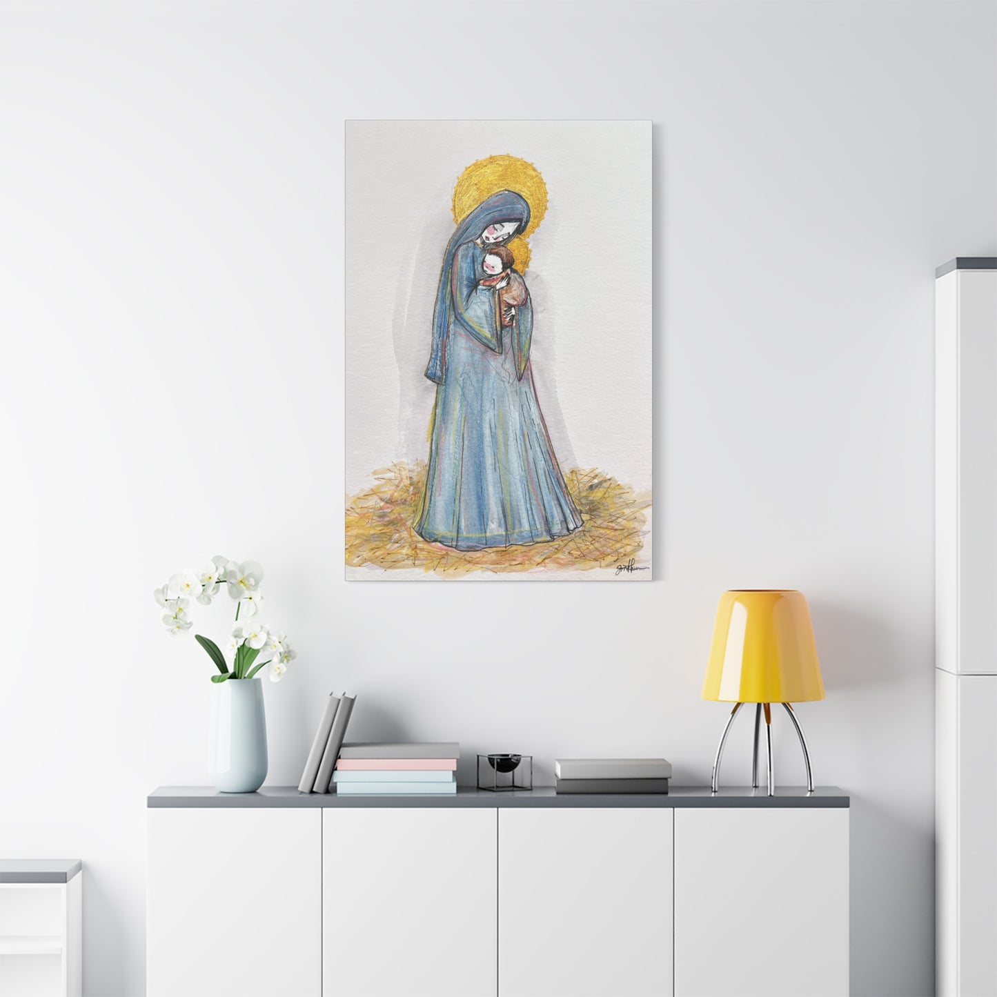 Our Lady of the Manger - Mother Mary Art - Catholic Canvas Print | Virgin Mary Sacred Art | Hand-Drawn Watercolor Christian Wall Art