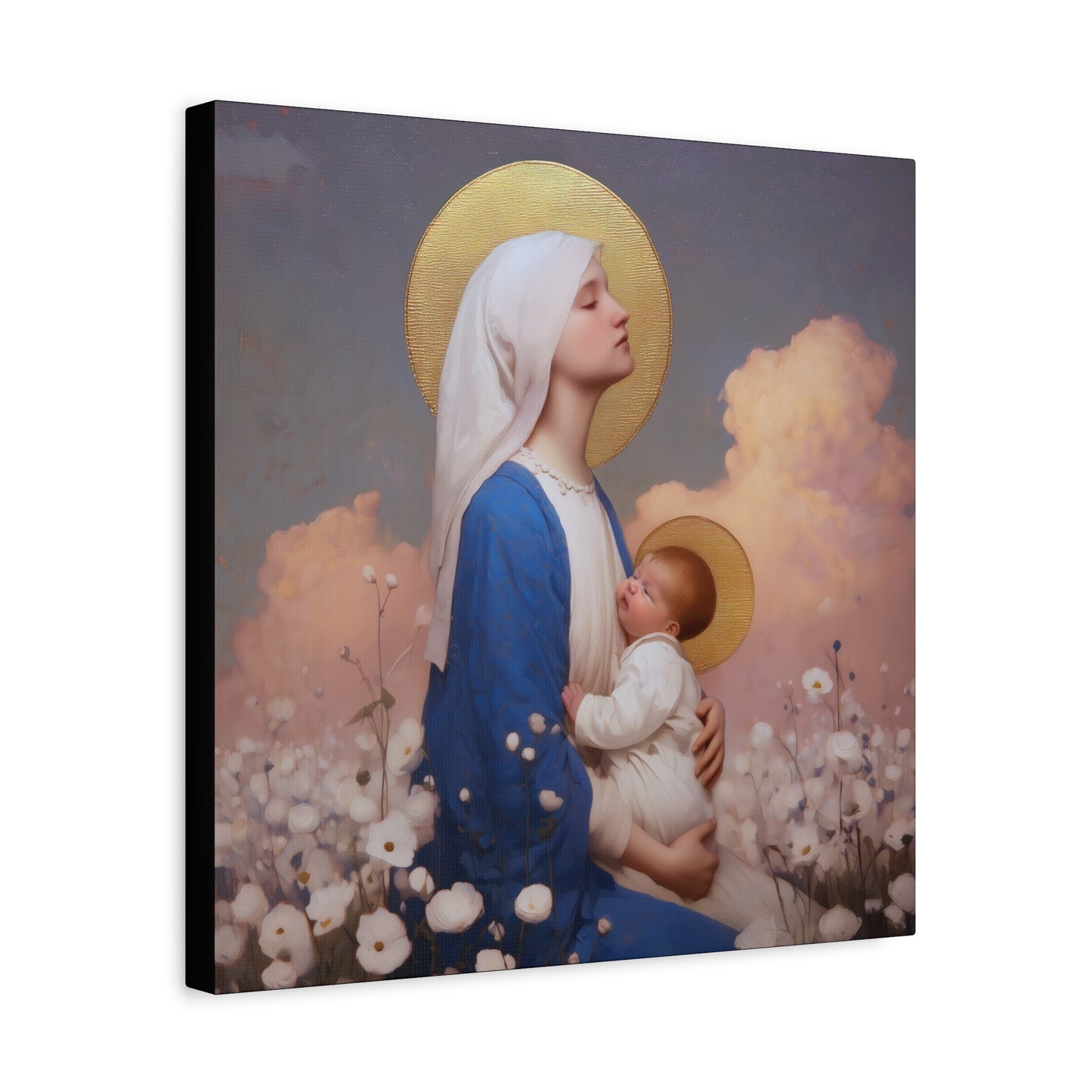 Mother Mary - Our Lady Among the Flowers -  Museum Wrapped Canvas - Sanctified Souls Print - Religious Art for your Home - Catholic Mother Mary Art