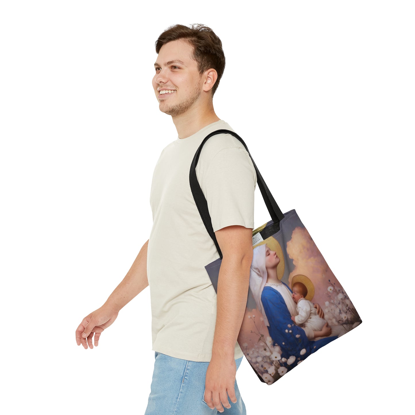 Our Lady Among the Flowers - Tote Bag - Large Medium Small Faith Art Bag - Bible Study Faith Purse - Double Sided Prayer Tote