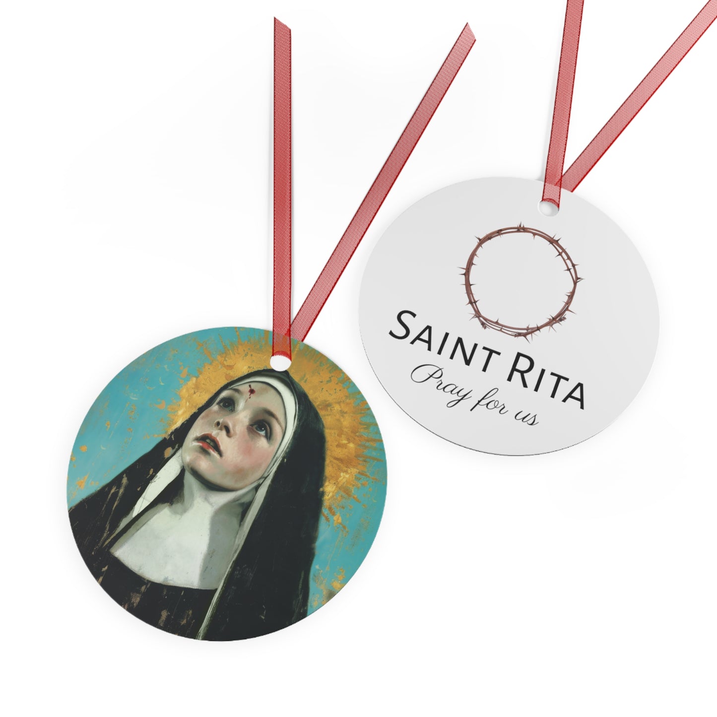 Saint Rita of Cascia Metal Ornament - Religious Holiday Christmas Ornament and Keepsake - Double sided - Prayer Ornament