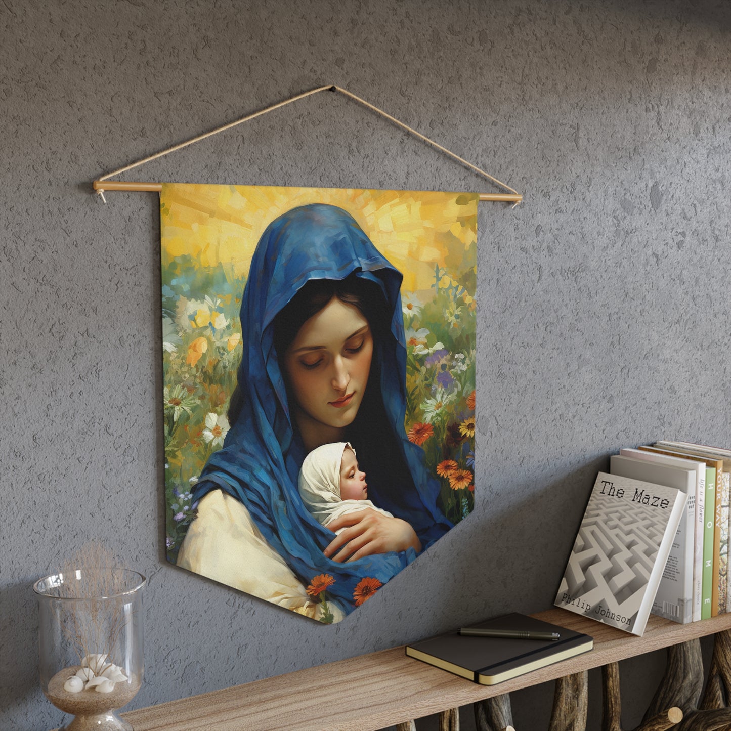 Graceful Maternity : The Virgin Mary and the Infant Savior Banner / Wall Hanging - Prayer room art - Catholic Home -  18" x 21"