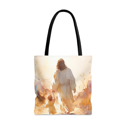 Jesus Guiding a Child in Faith Tote Bag - Large Medium Small Faith Art Bag - Catholic Faith Purse - Religious Carry All