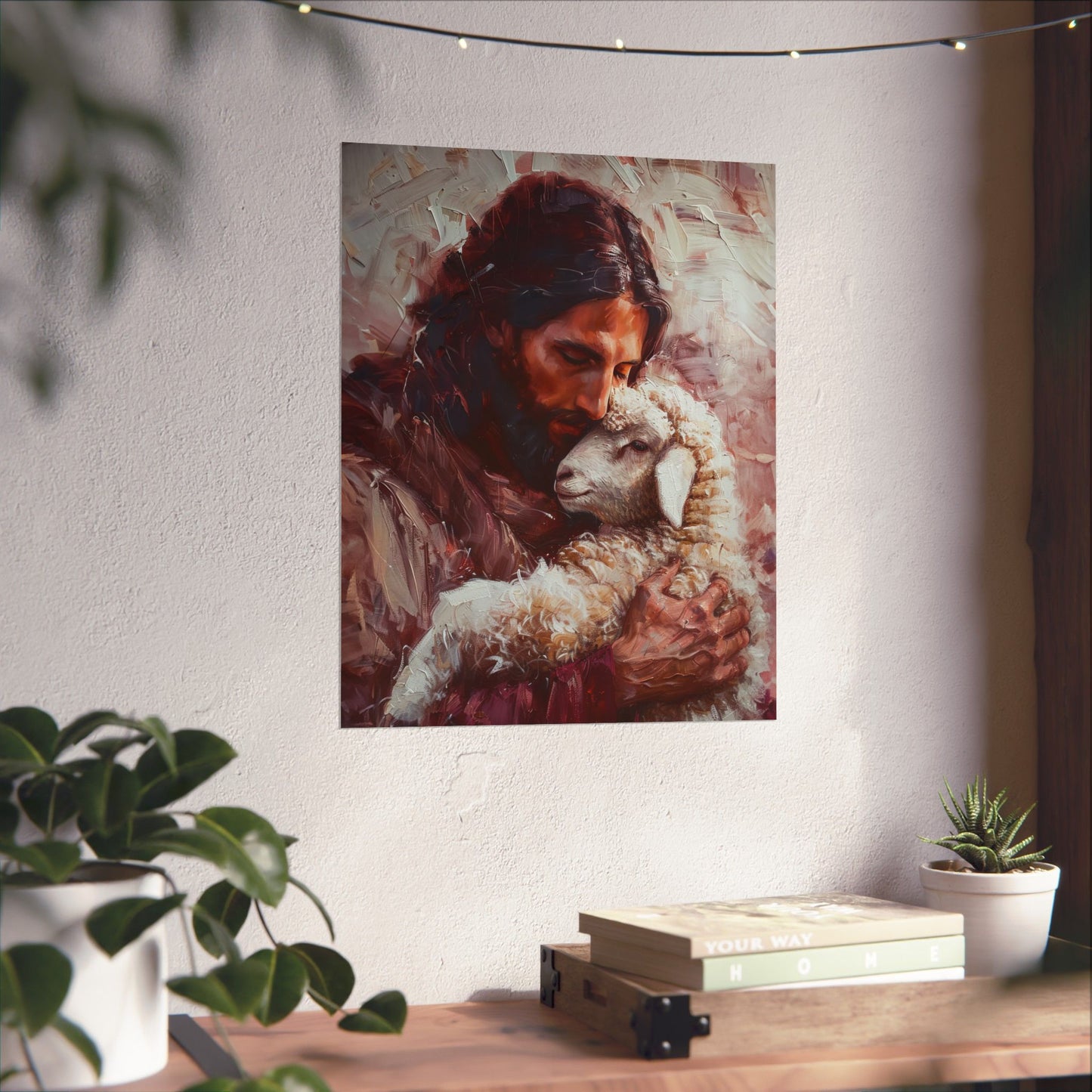 Jesus and the Little Lamb Poster Print - Sanctified Souls Print - Multiple Sizes - Premium Posters - Catholic Art - Christian painting