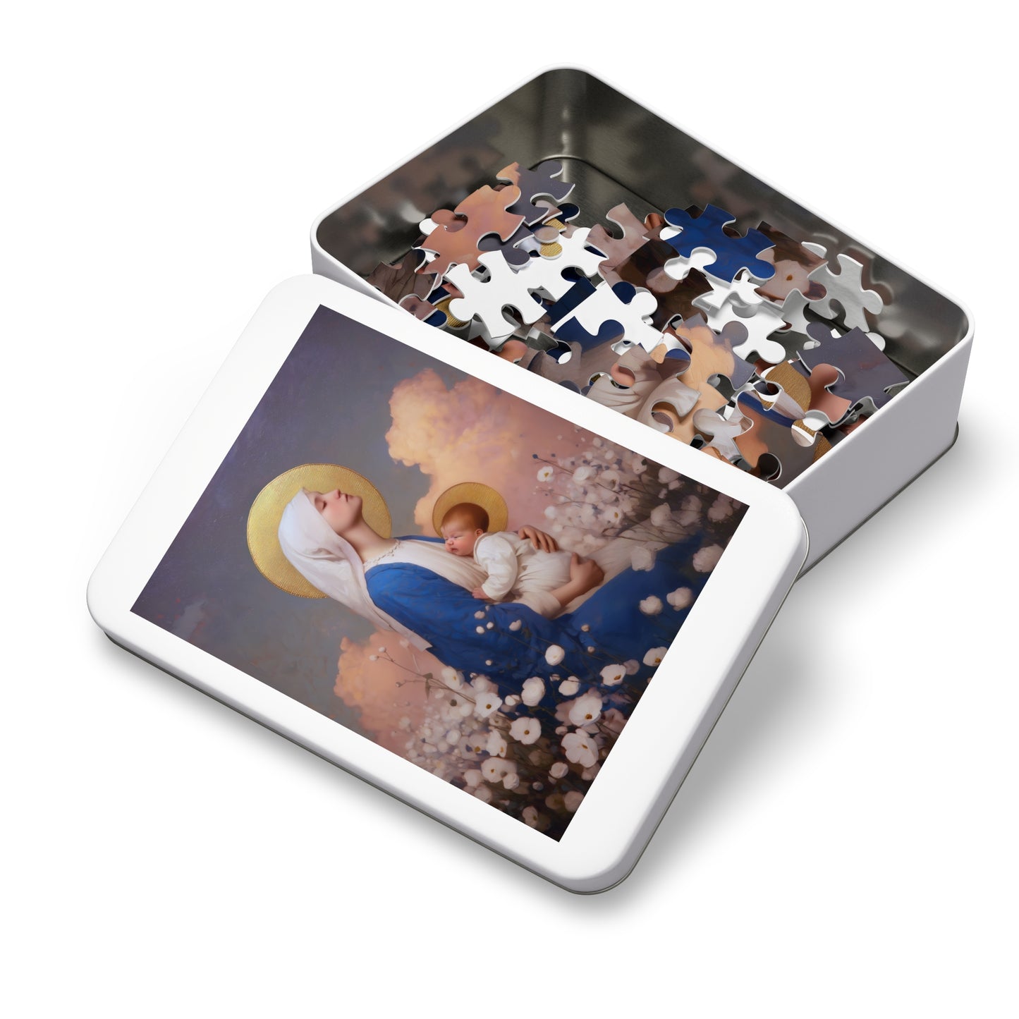 Our Lady Among the Flowers - Puzzle and Tin - Religious Jigsaw Puzzle (30, 110, 252, 500,1000) - Gift Catholic Families - Catholic Christmas