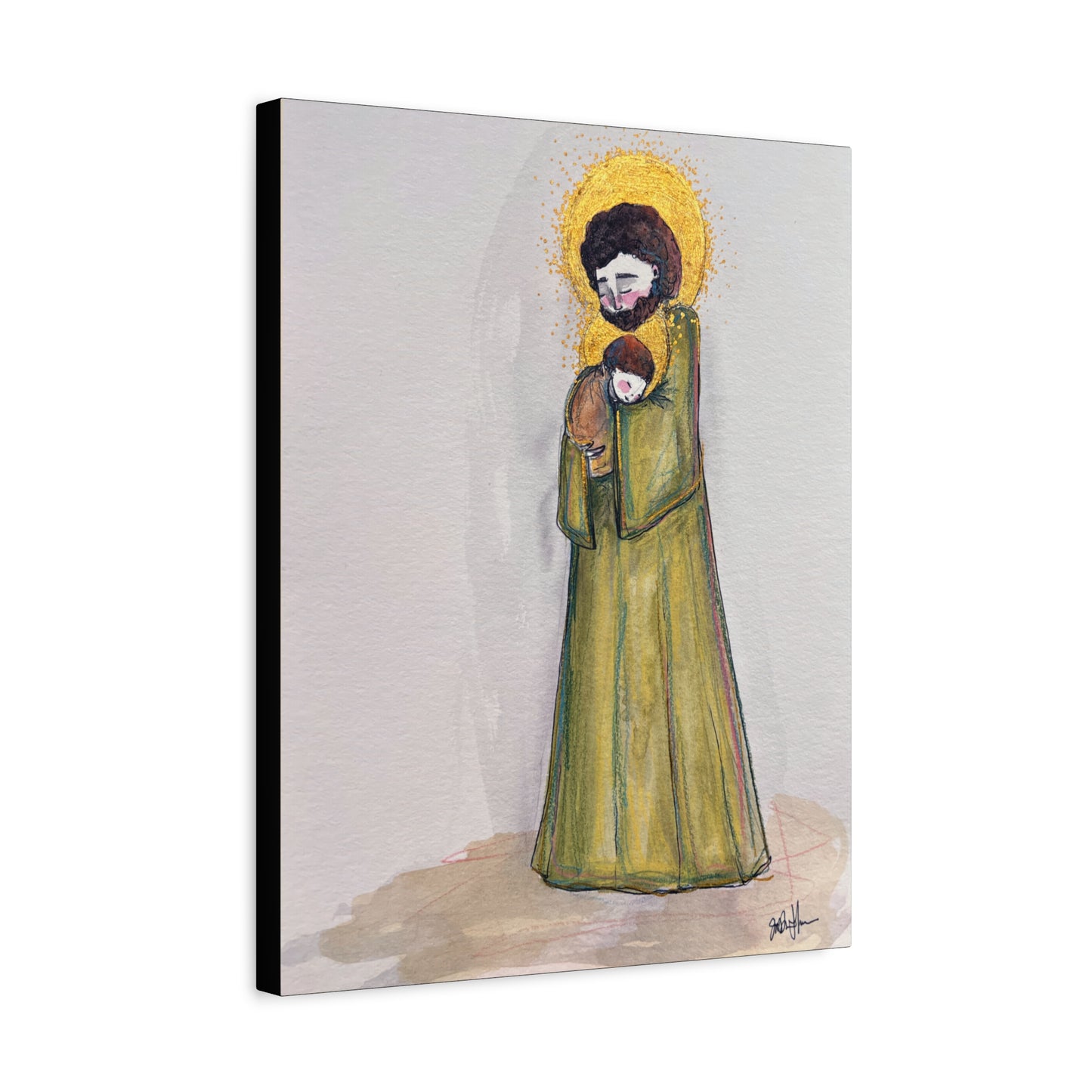 Saint Joseph and Child Jesus Catholic Canvas Print | Hand-Drawn Watercolor Sacred Art | Christian Devotional Wall Art