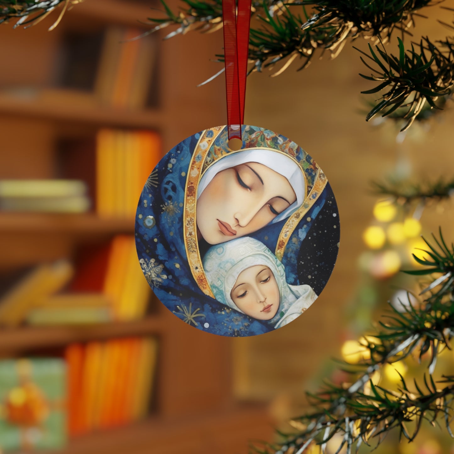 Snowfall's Embrace- Our Lady's Tender Care Metal Ornament - Religious Holiday Christmas Ornament and Keepsake - Double sided