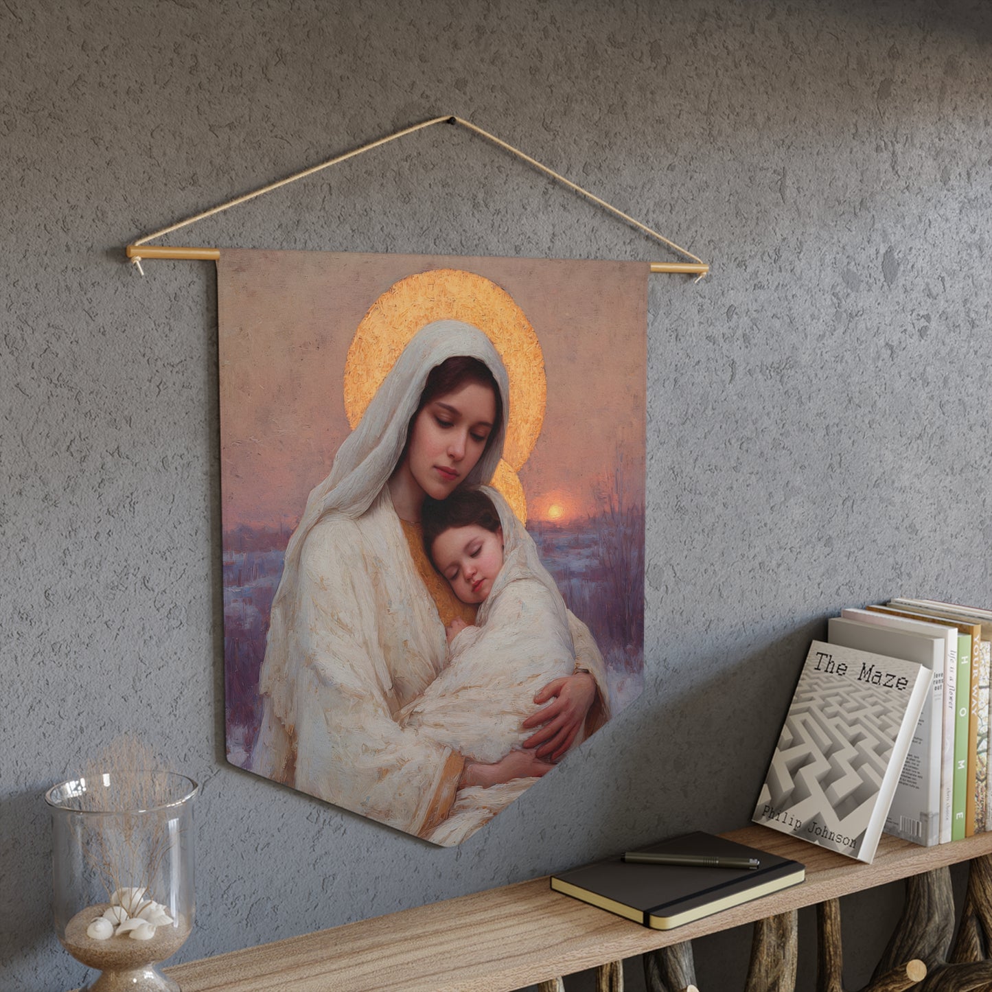 The Love That Stays - Mother Mary and the Christ Child  - Pennant / Banner / Wall Hanging - Prayer room - Catholic Art - Large - 18" x 21"