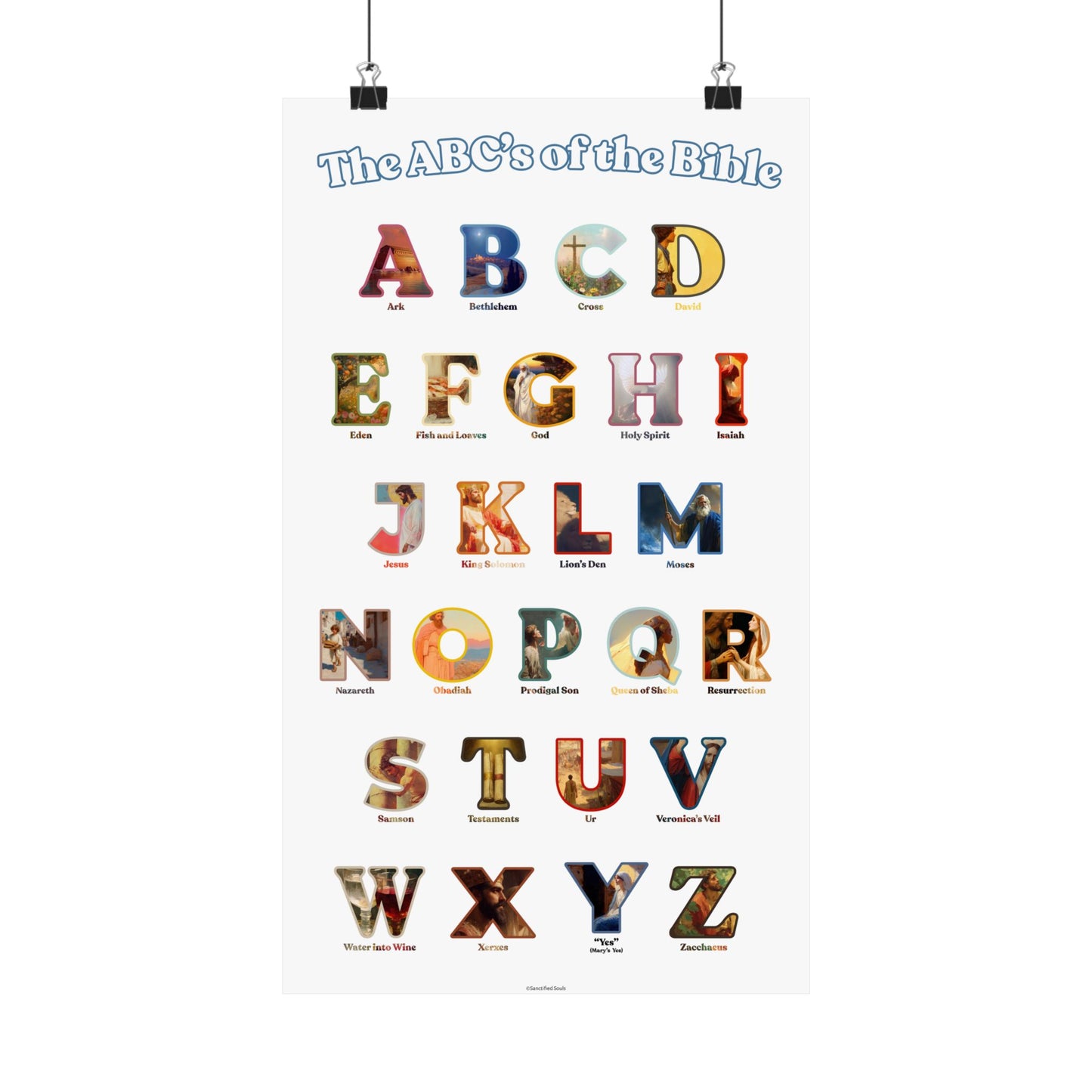 Bible ABC Poster - ABCs of the Bible Wall Art - Biblical People Places and Stories Chart - Christian Homeschool or Sunday School Decor
