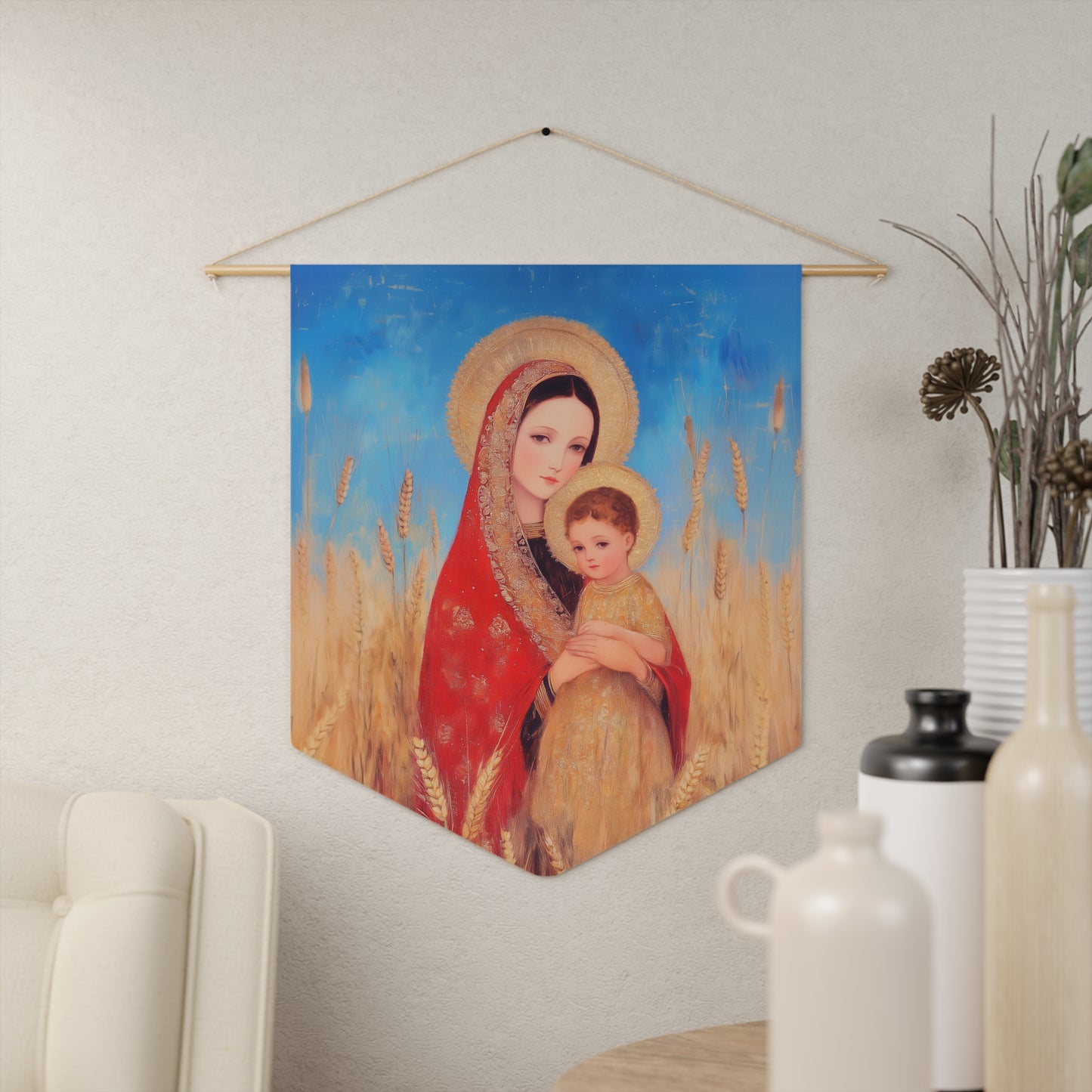 Our Lady of the Harvest Pennant / Banner / Wall Hanging - Prayer room art - 18" x 21" - Catholic - Large Banner