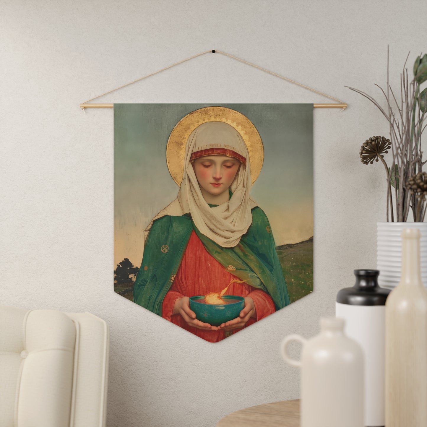 Saint Brigid of Ireland / Kildare Pennant / Banner / Wall Hanging - Prayer room art - 18" x 21" - Catholic prayer Religious - Large Print
