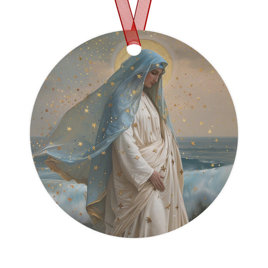 Ocean's Embrace - Devotion to Our Lady Metal Ornament - Religious Holiday Christmas Ornament - Double sided - Our Lady Star of the Sea