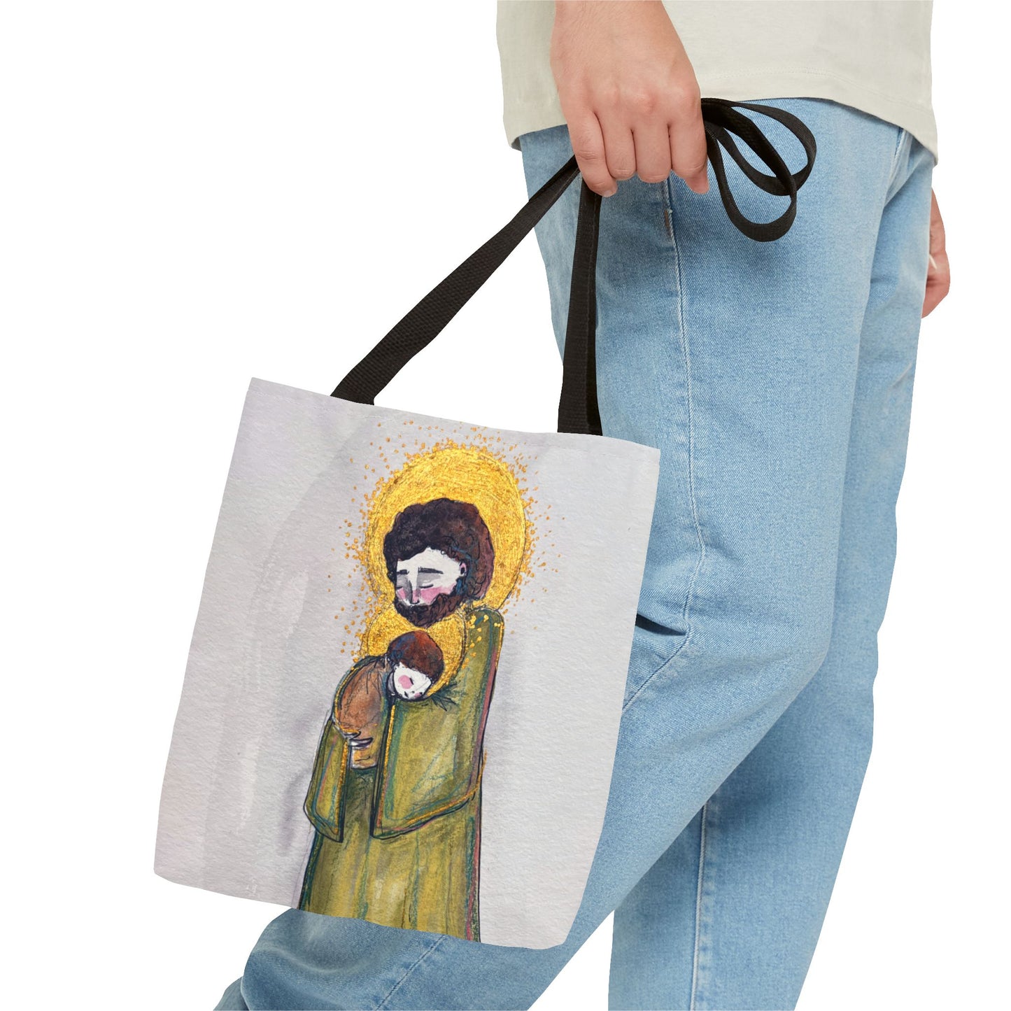 Saint Joseph Catholic Tote Bag | St Joseph and Child Christian Tote | Hand-Drawn Sacred Art Tote | Sanctified Solocosmo Religious Tote