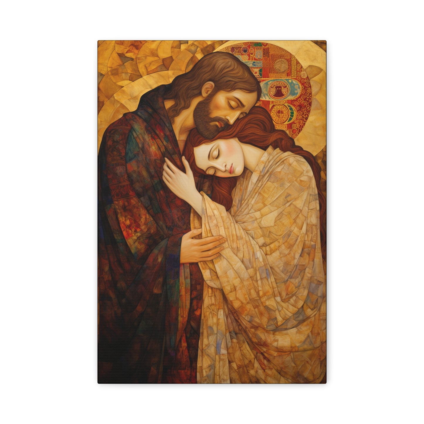 Healing Love- The Embrace of Christ and Mary Magdalene Museum Wrapped Canvas - Sanctified Souls Print -Based on Klimt's The Kiss