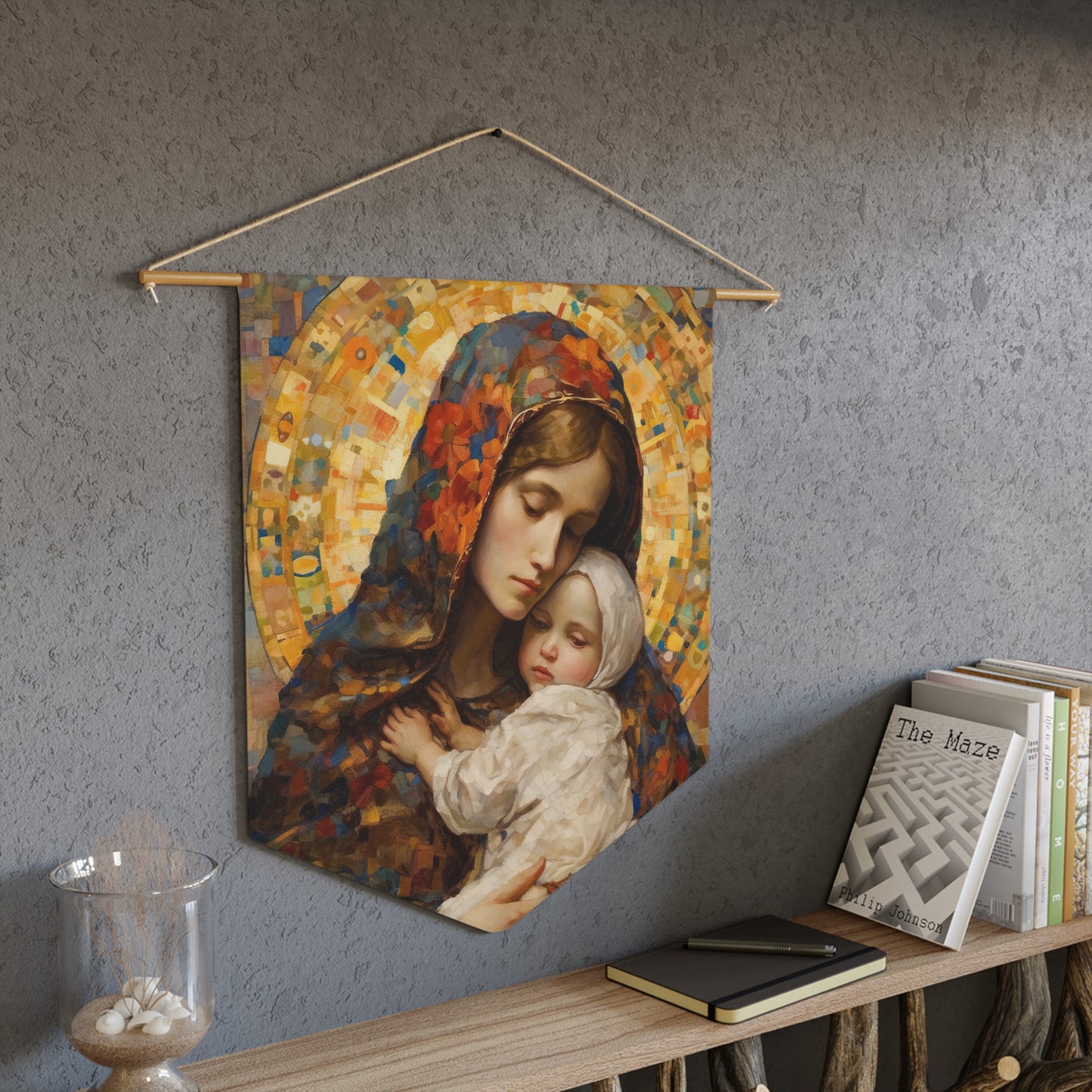 Holy Maternal Bond - Mary and the Christ Child Banner / Wall Hanging - Prayer room art - Catholic Home Art - Large - 18" x 21"