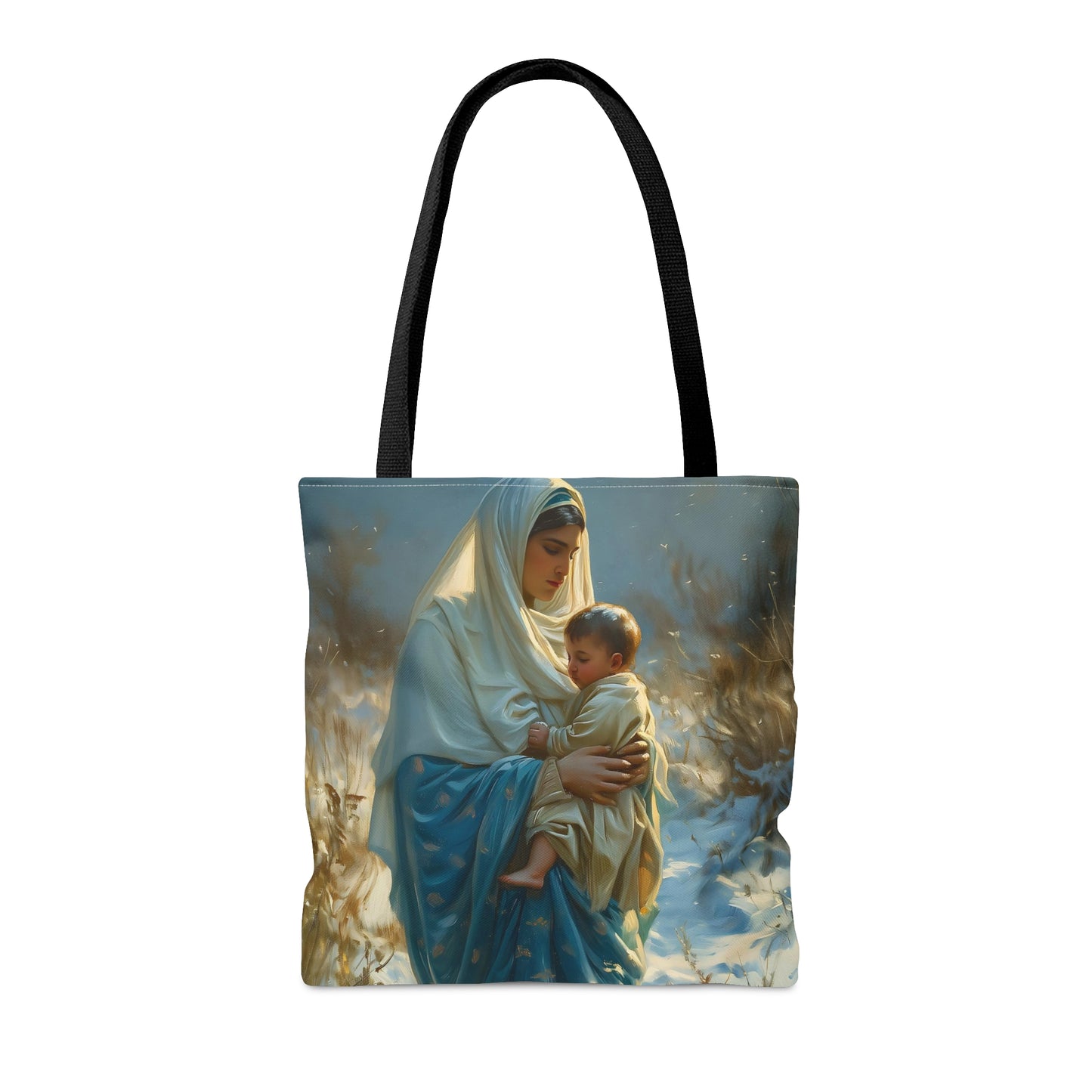 Snowfall of Grace - Our Lady's Winter Radiance - Our Lady of the Snows Tote Bag - Large Medium Small Faith Art Bag
