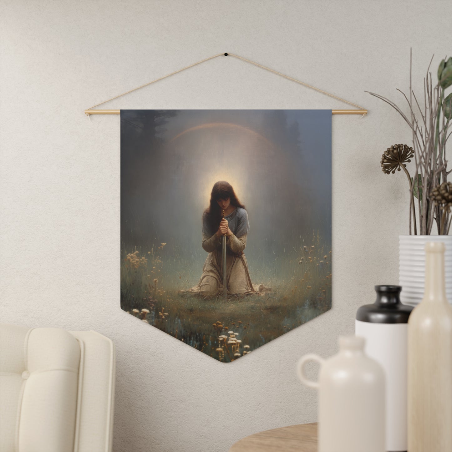 Saint Joan of Arc Pennant / Banner / Wall Hanging - Prayer room art - 18" x 21" - Catholic - Large Banner