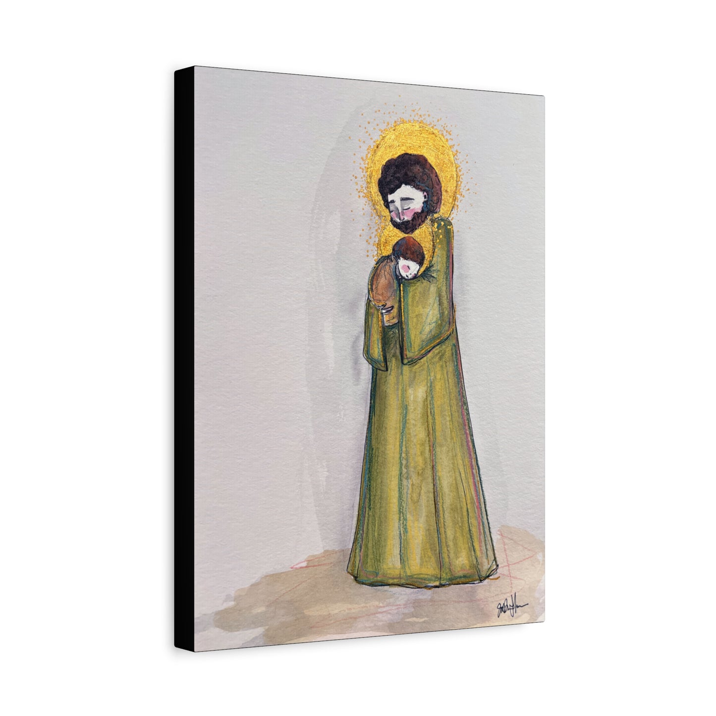 Saint Joseph and Child Jesus Catholic Canvas Print | Hand-Drawn Watercolor Sacred Art | Christian Devotional Wall Art