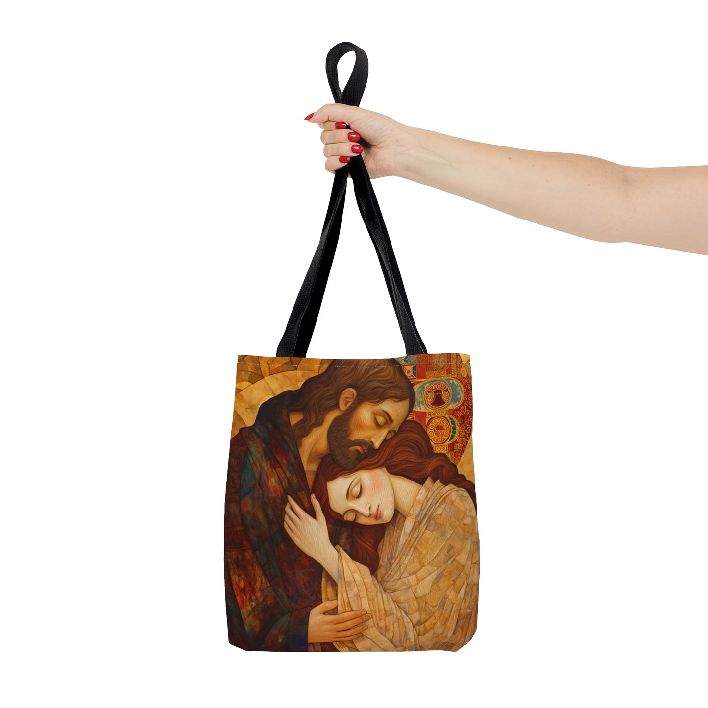 Healing Love- The Embrace of Christ and Mary Magdalene Tote Bag - Catholic faith inspired carry-all purse - Based on The Kiss by Klimt