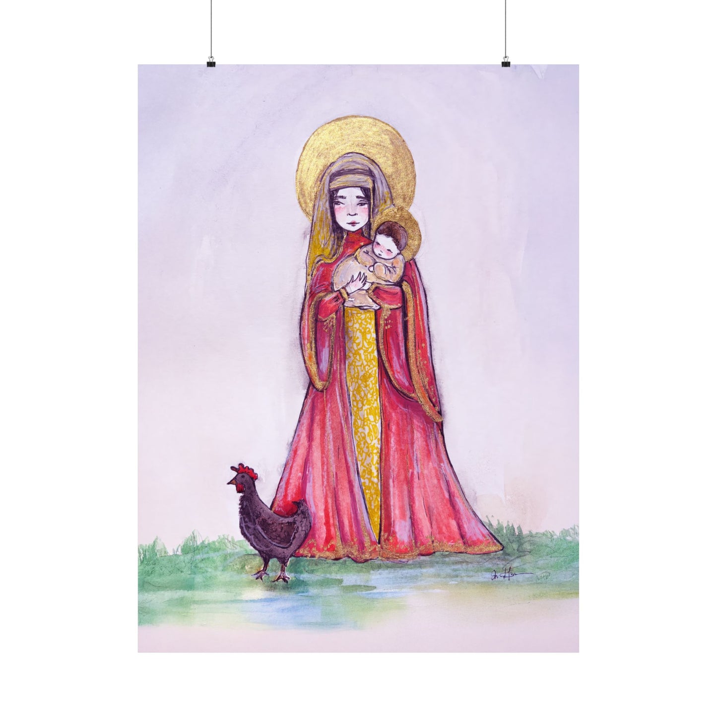 Our Lady of the Hens Catholic Art Print | Hand-Drawn Watercolor Virgin Mary Artwork | Christian Devotional Marian Wall Art