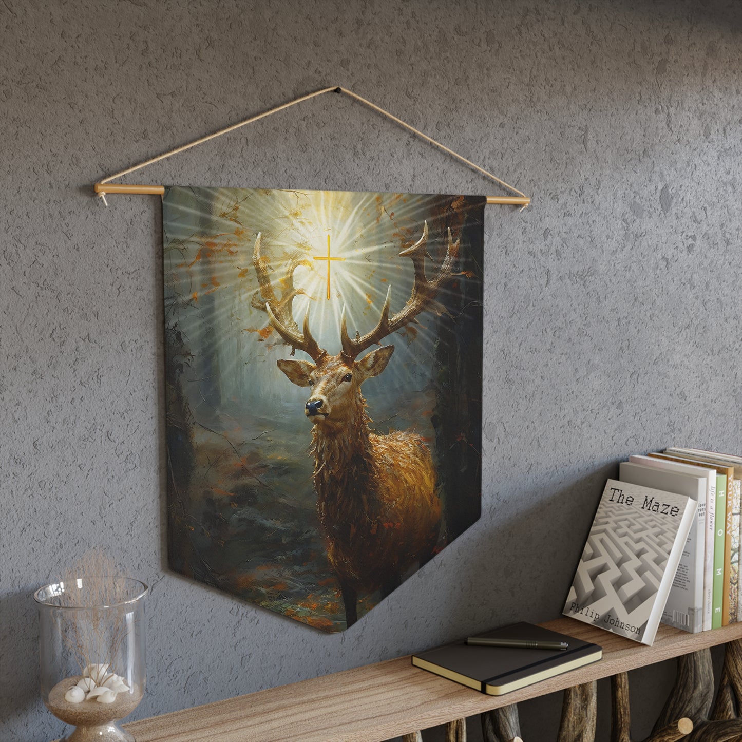 The Stag of Saint Hubert / Saint Hubertus Stag Banner / Wall Hanging - Prayer room art - Catholic Home Art - Large Print - 18" x 21"