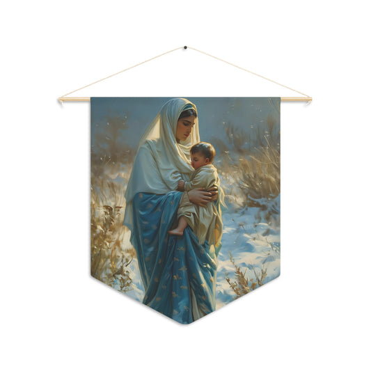 Snowfall of Grace - Our Lady's Winter Radiance Wall Banner / Wall Hanging - Prayer room - Catholic Art - Our Lady of the Snows 18" x 21"