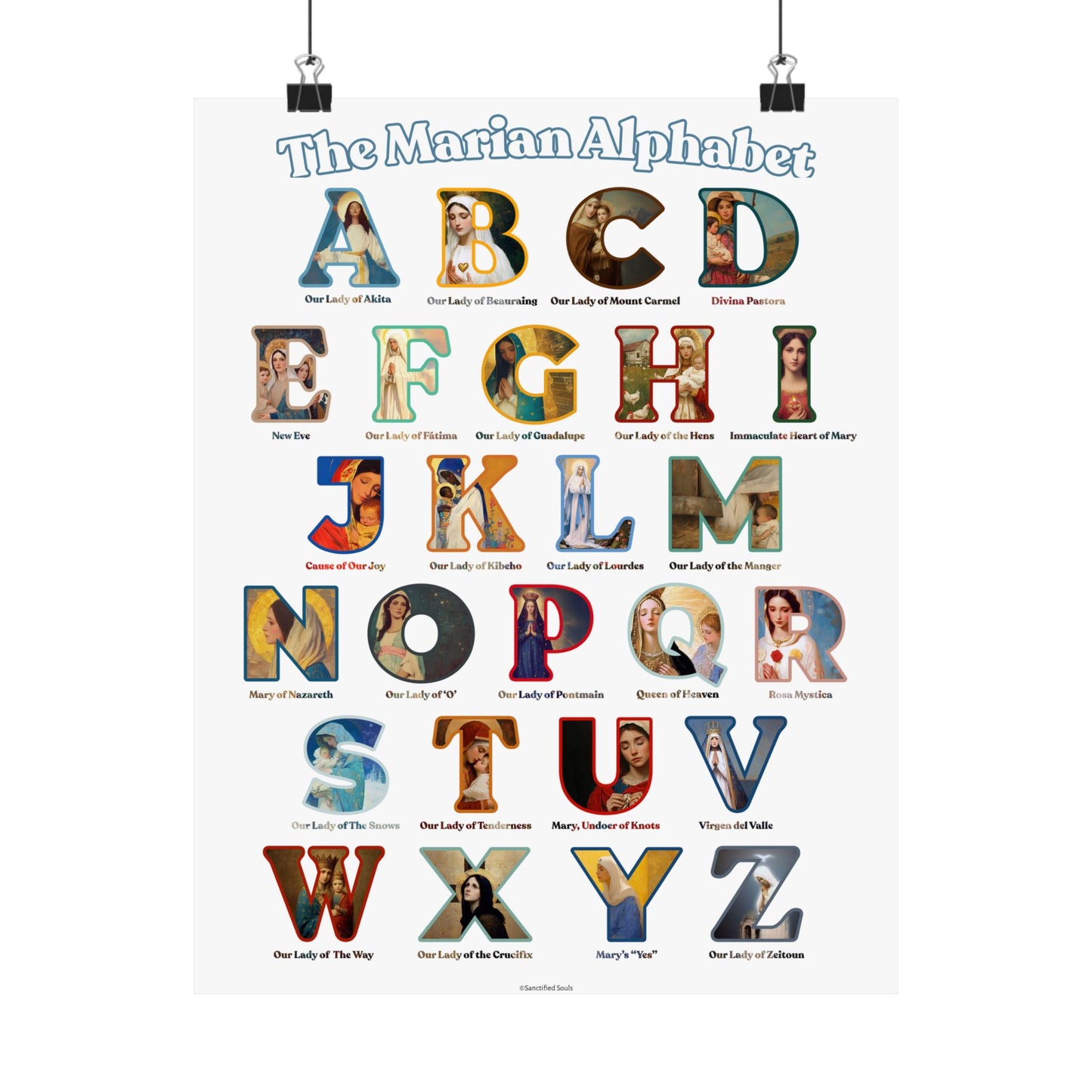 Catholic Marian Alphabet Poster - ABC Wall Art - Marian Titles Catholic Print - Catholic Nursery or Homeschool Faith Decor - Mother Mary Art