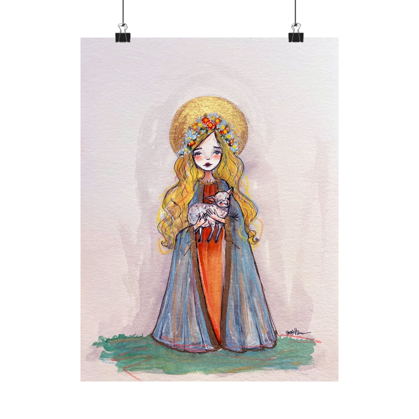 Saint Agnes of Rome Catholic Art Print | Hand-Drawn Watercolor Sacred Artwork | Christian Devotional Wall Art Religious Poster