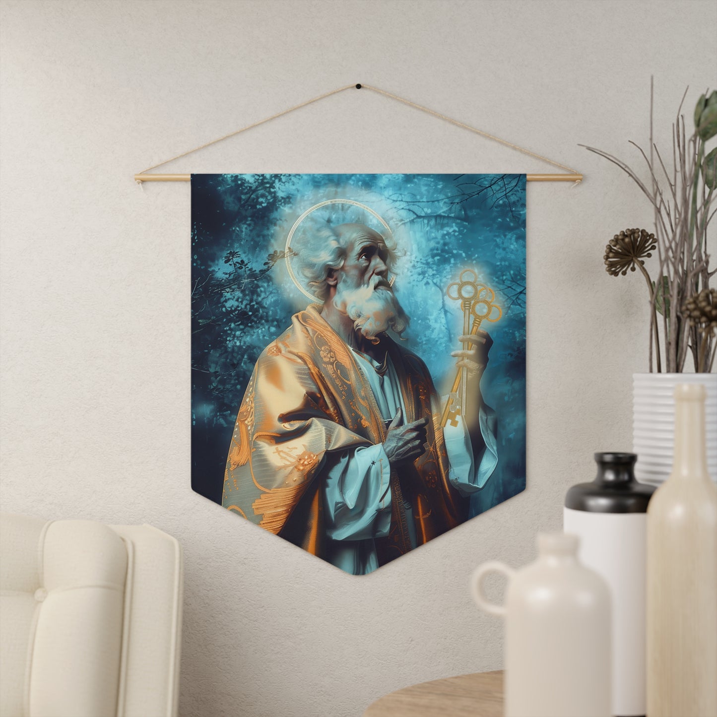 Saint Peter Pennant / Banner / Wall Hanging - Prayer room art - 18" x 21" - Catholic prayer Religious Christian Gift - Large Wall Banner