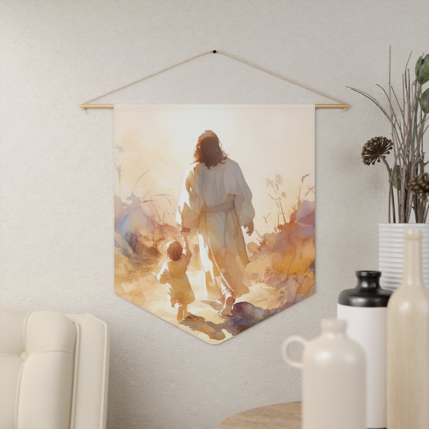 Jesus Guiding a Child in Faith Pennant / Banner / Wall Hanging - Prayer room art - 18" x 21" - Catholic Gift - Christ and Child