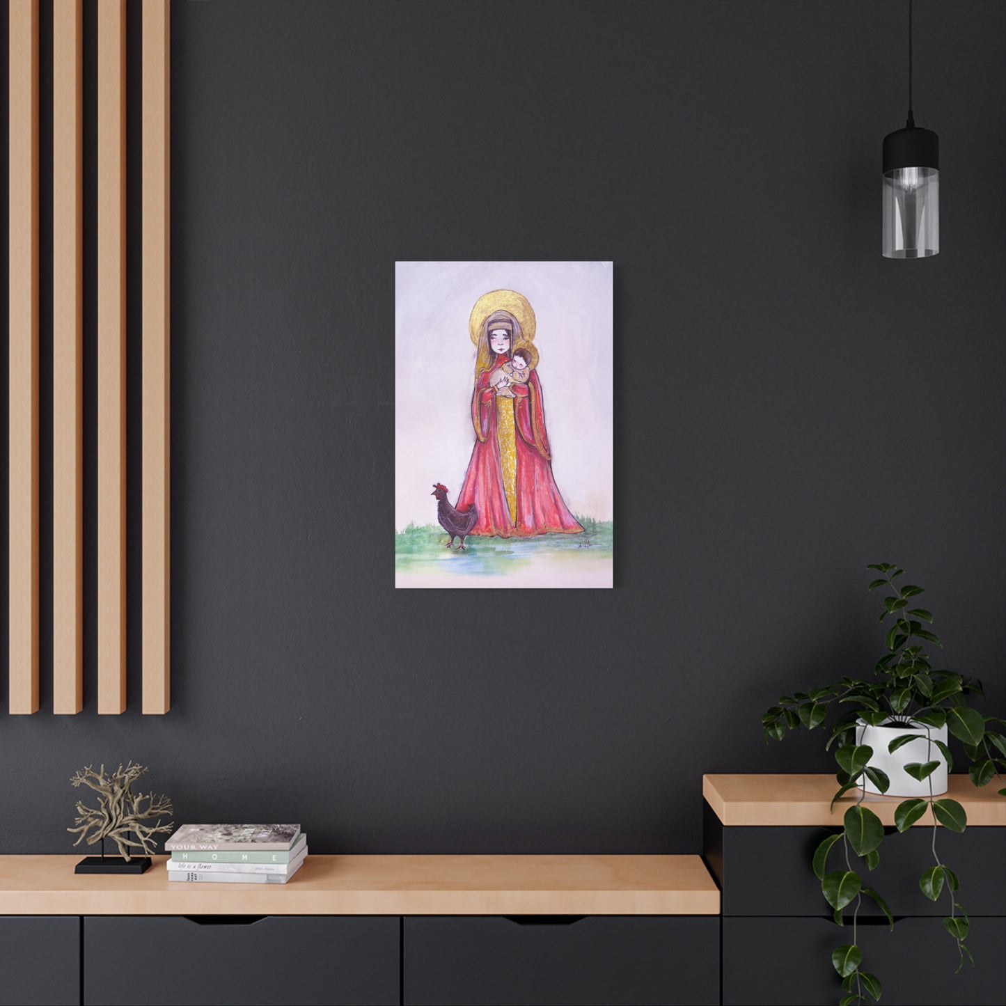 Our Lady of the Hens Catholic Canvas Print | Virgin Mary and Child Sacred Art | Hand-Drawn Watercolor Marian Wall Art