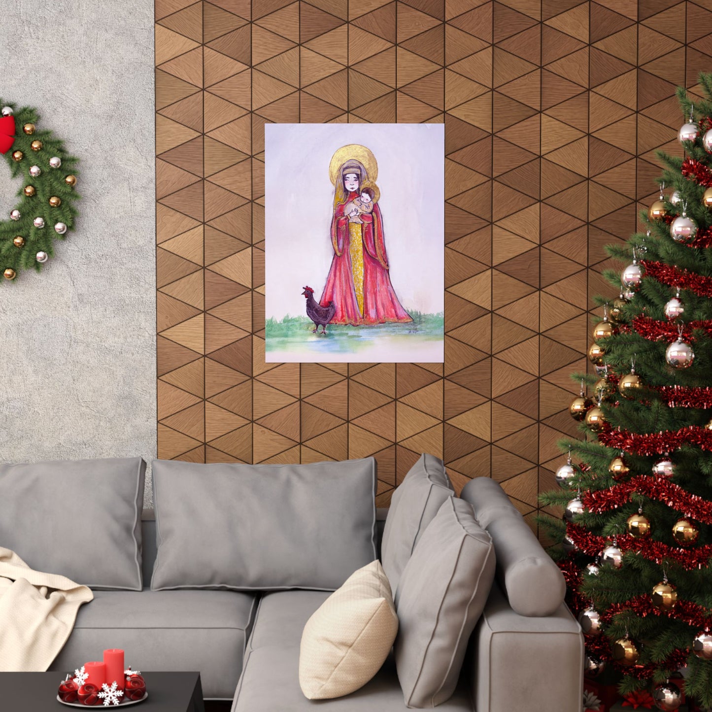 Our Lady of the Hens Catholic Art Print | Hand-Drawn Watercolor Virgin Mary Artwork | Christian Devotional Marian Wall Art