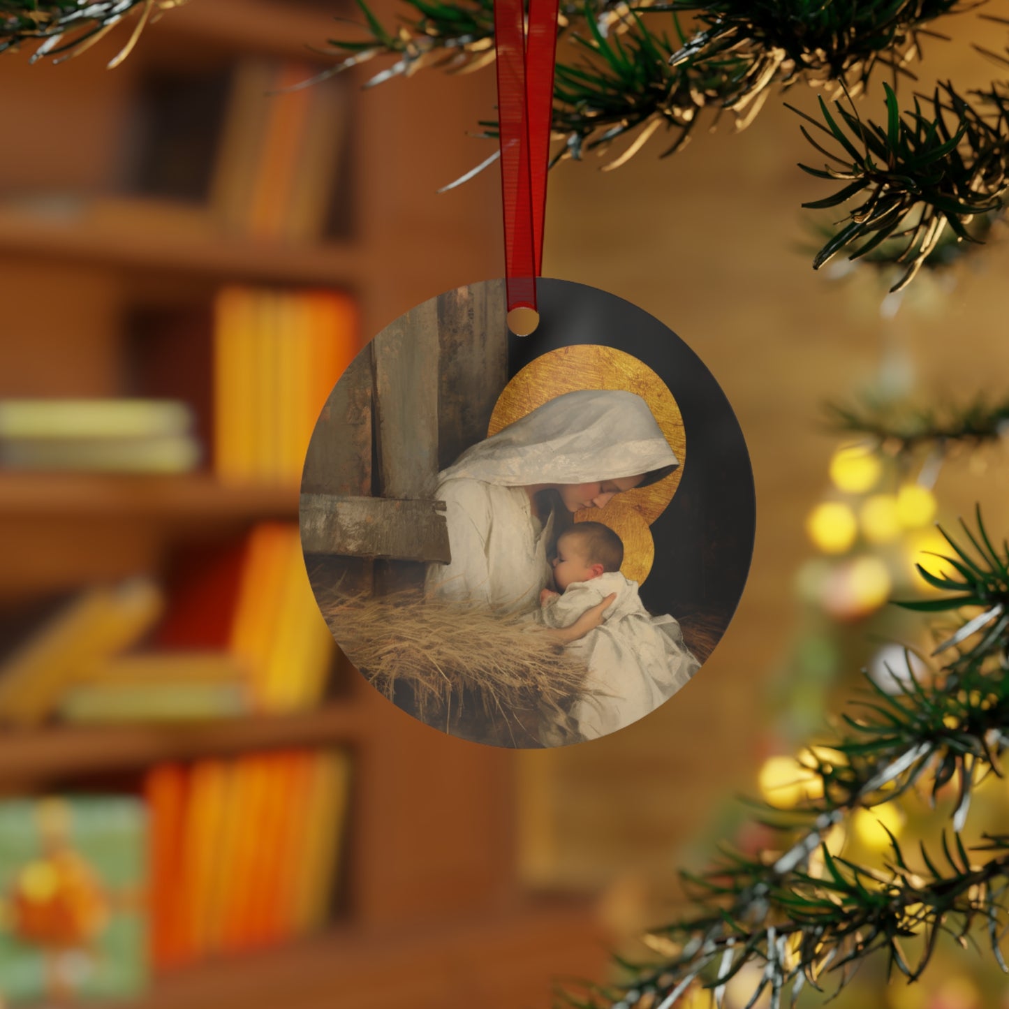 Our Lady of the Manger - Mother Mary and the Christ Child  - Metal Ornament - Religious Holiday Christmas Ornament and Keepsake