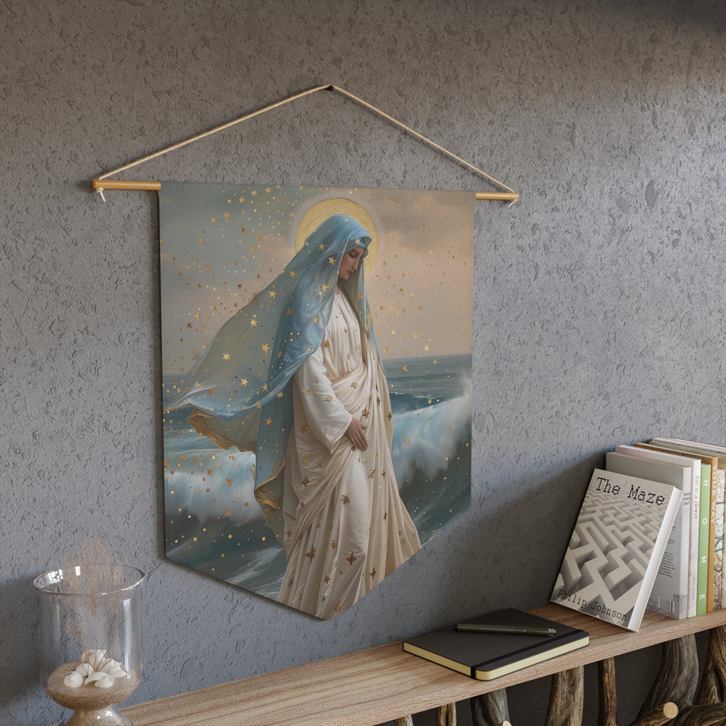 Ocean's Embrace - Devotion to Our Lady Star of the Sea Wall Banner / Wall Hanging - Prayer room art - Catholic - Virgin Mary - 18" x 21"