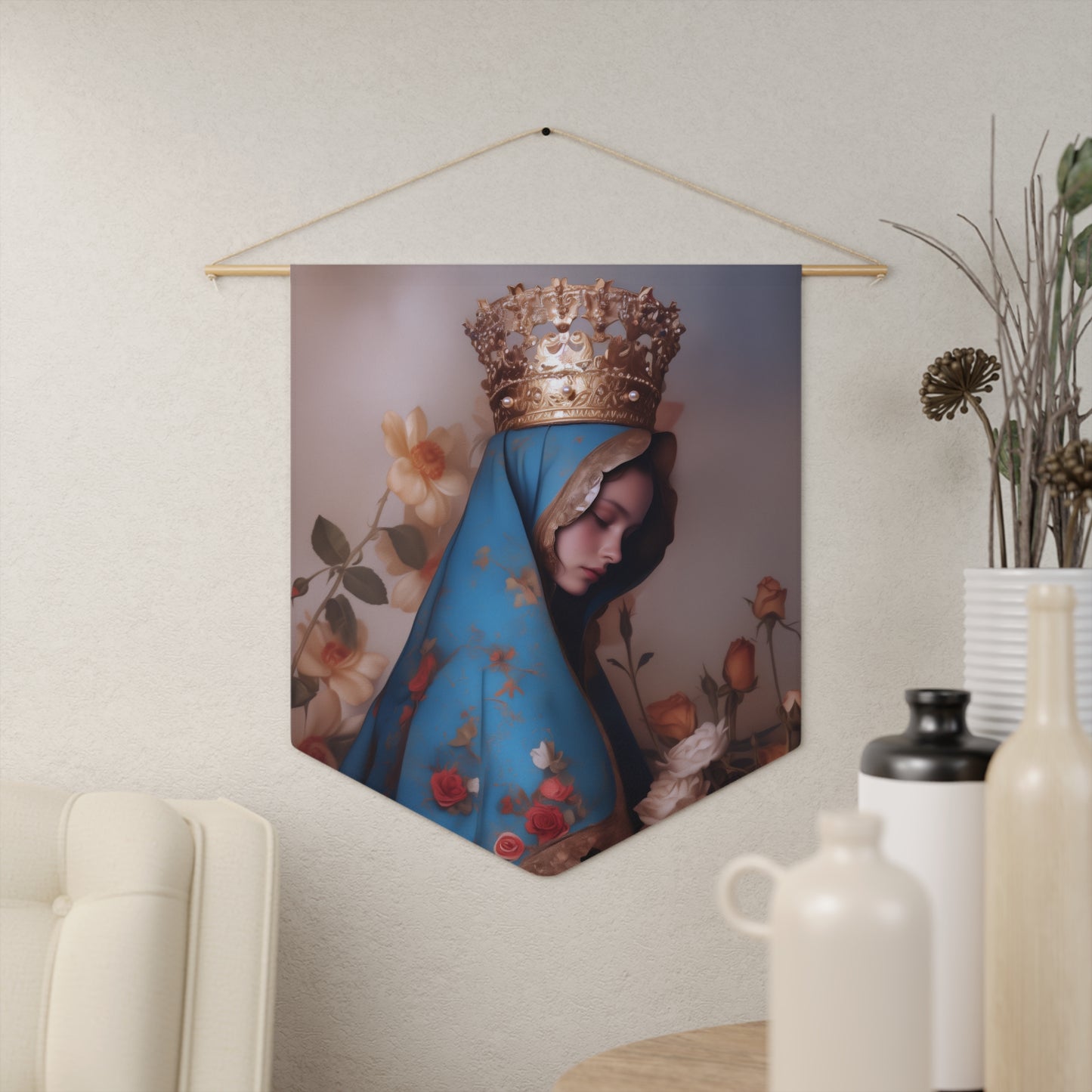 Our Lady of the Roses Wall Banner / Wall Hanging - Christian Art - Prayer room - 18" x 21" - Mother Mary