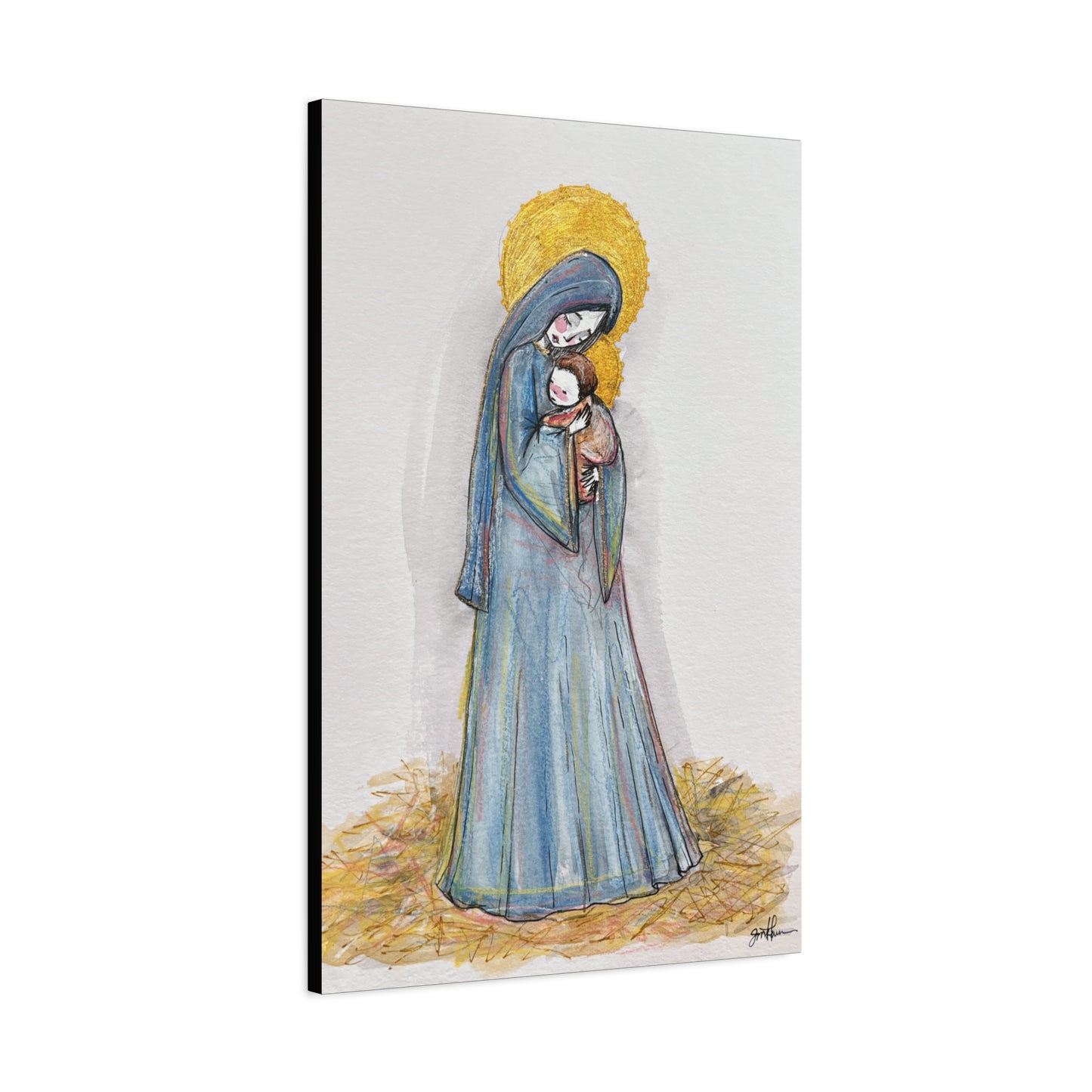 Our Lady of the Manger - Mother Mary Art - Catholic Canvas Print | Virgin Mary Sacred Art | Hand-Drawn Watercolor Christian Wall Art