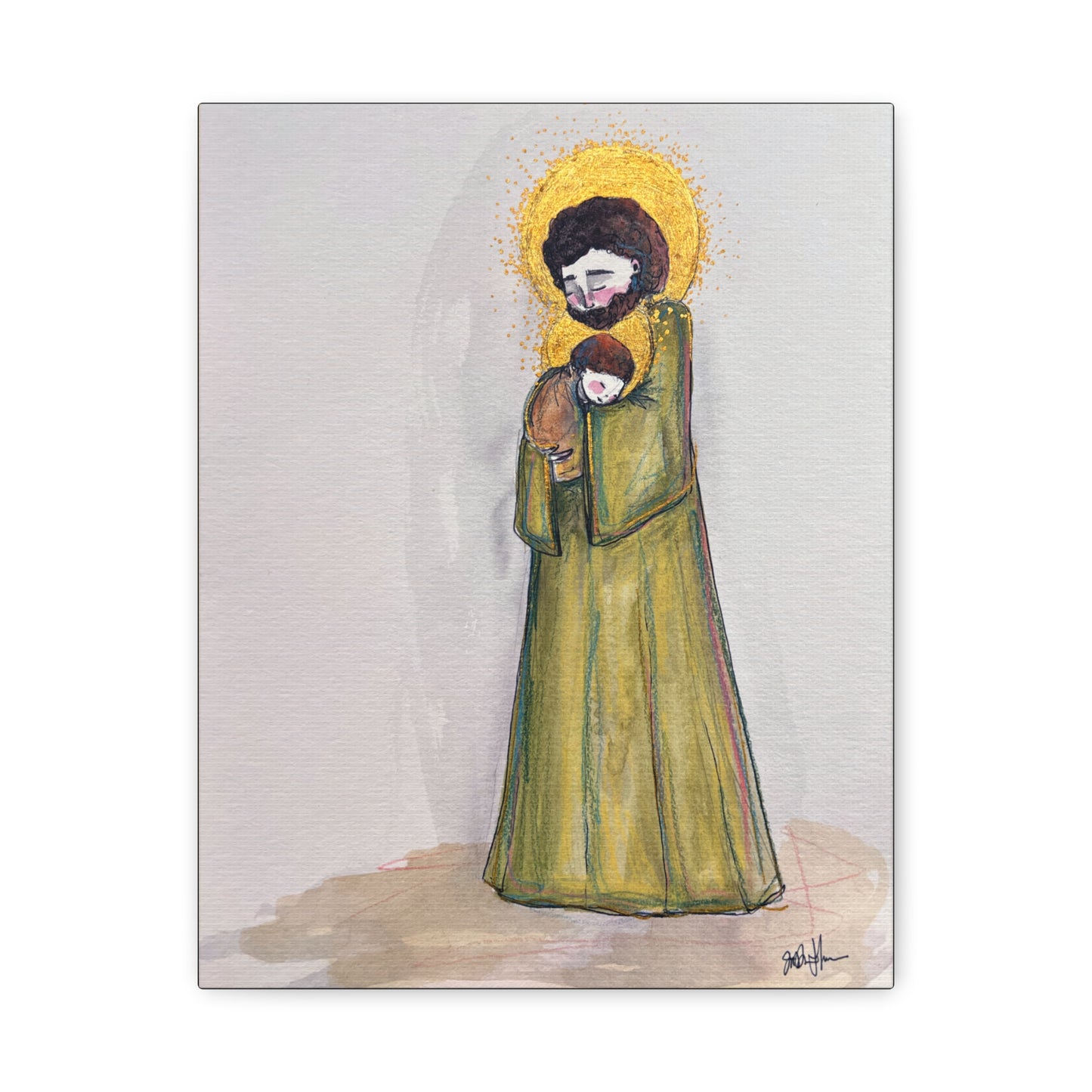 Saint Joseph and Child Jesus Catholic Canvas Print | Hand-Drawn Watercolor Sacred Art | Christian Devotional Wall Art