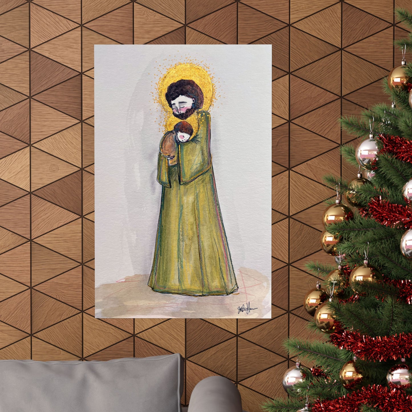 Saint Joseph and Child Jesus Catholic Art Print | Hand-Drawn Watercolor Sacred Artwork | Christian Devotional Wall Art