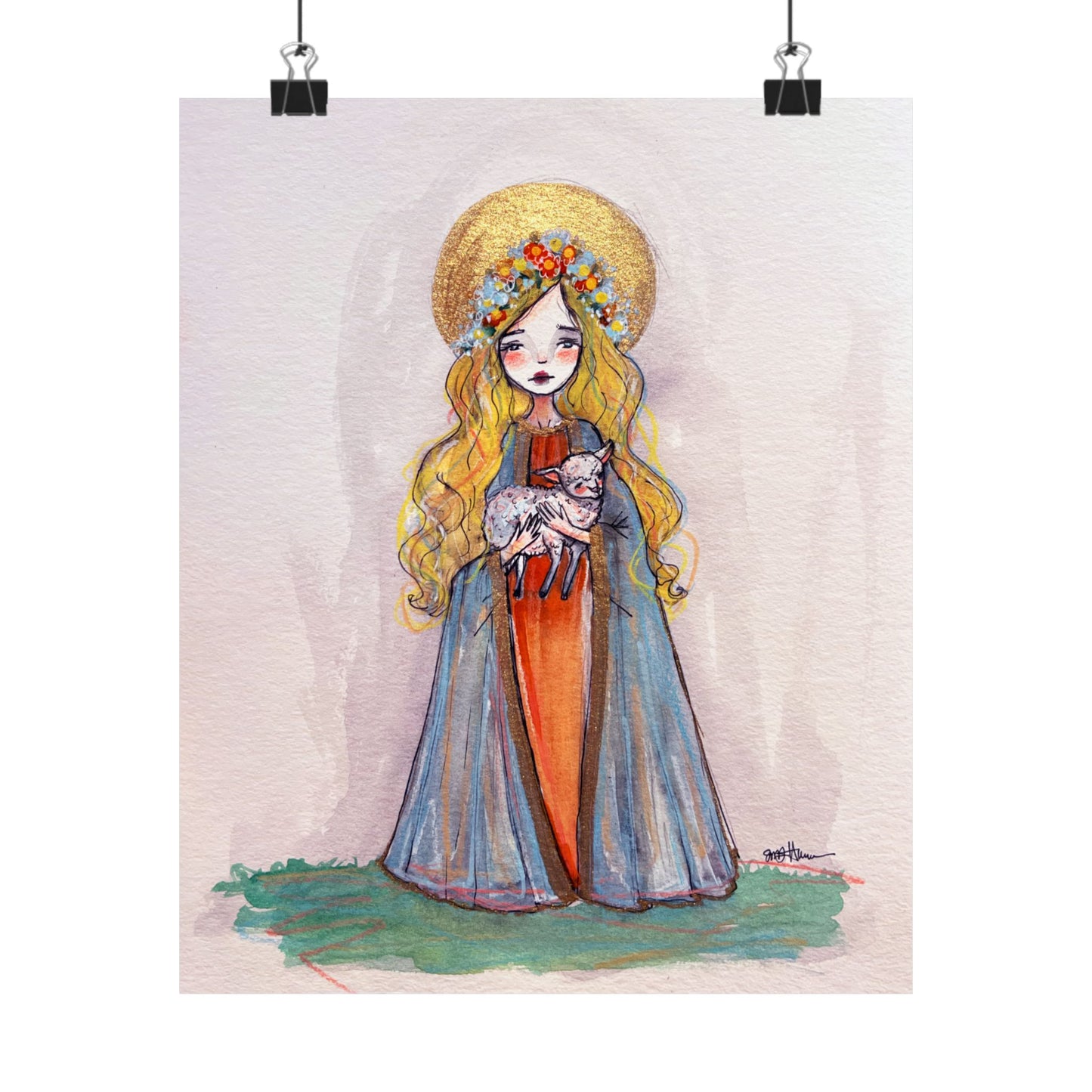 Saint Agnes of Rome Catholic Art Print | Hand-Drawn Watercolor Sacred Artwork | Christian Devotional Wall Art Religious Poster