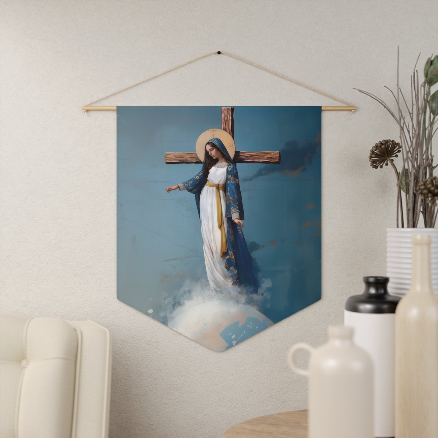 The Lady Of All Nations - Marian Devotion - Mother Mary - Pennant / Banner / Wall Hanging - Prayer room - Catholic Art - Large - 18" x 21"