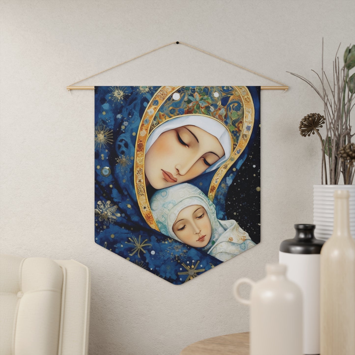 Snowfall's Embrace Wall Banner / Wall Hanging - Our Lady of the Snows - Catholic Home Art - Saint Art for your home - 18" x 21"