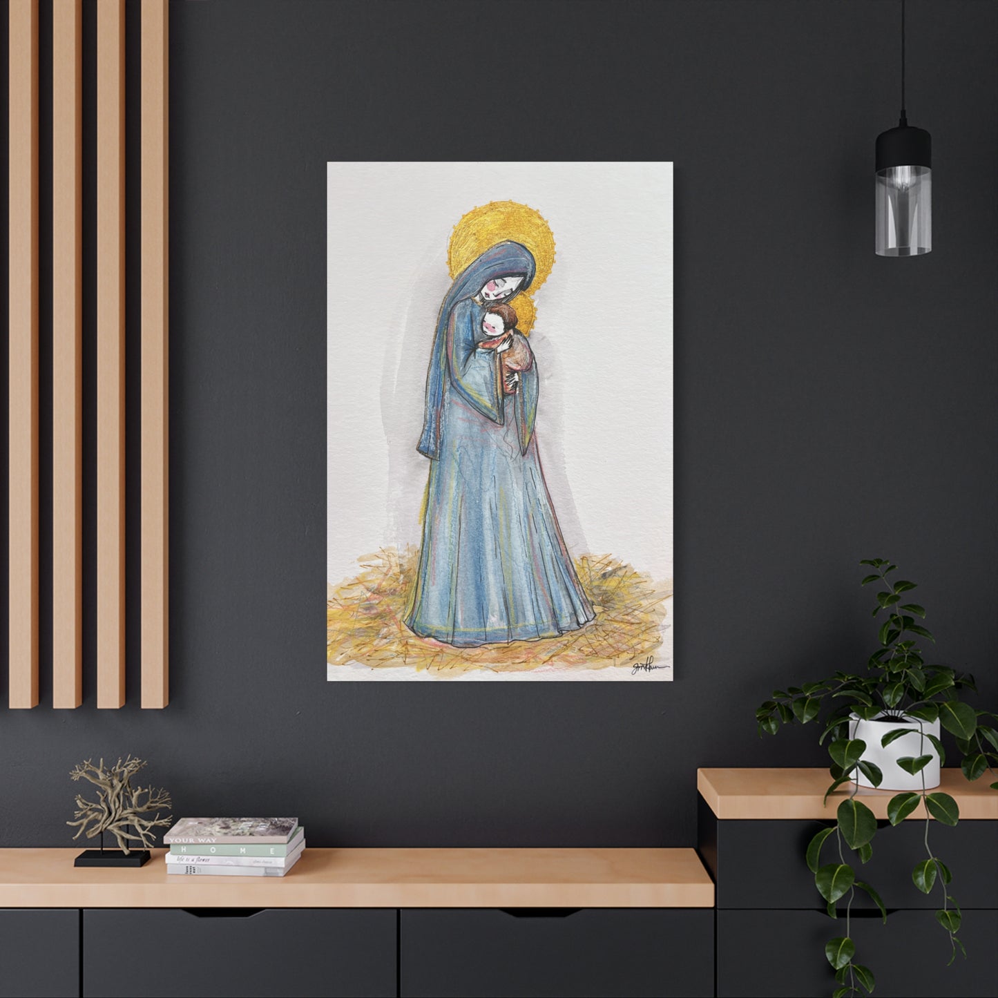 Our Lady of the Manger - Mother Mary Art - Catholic Canvas Print | Virgin Mary Sacred Art | Hand-Drawn Watercolor Christian Wall Art