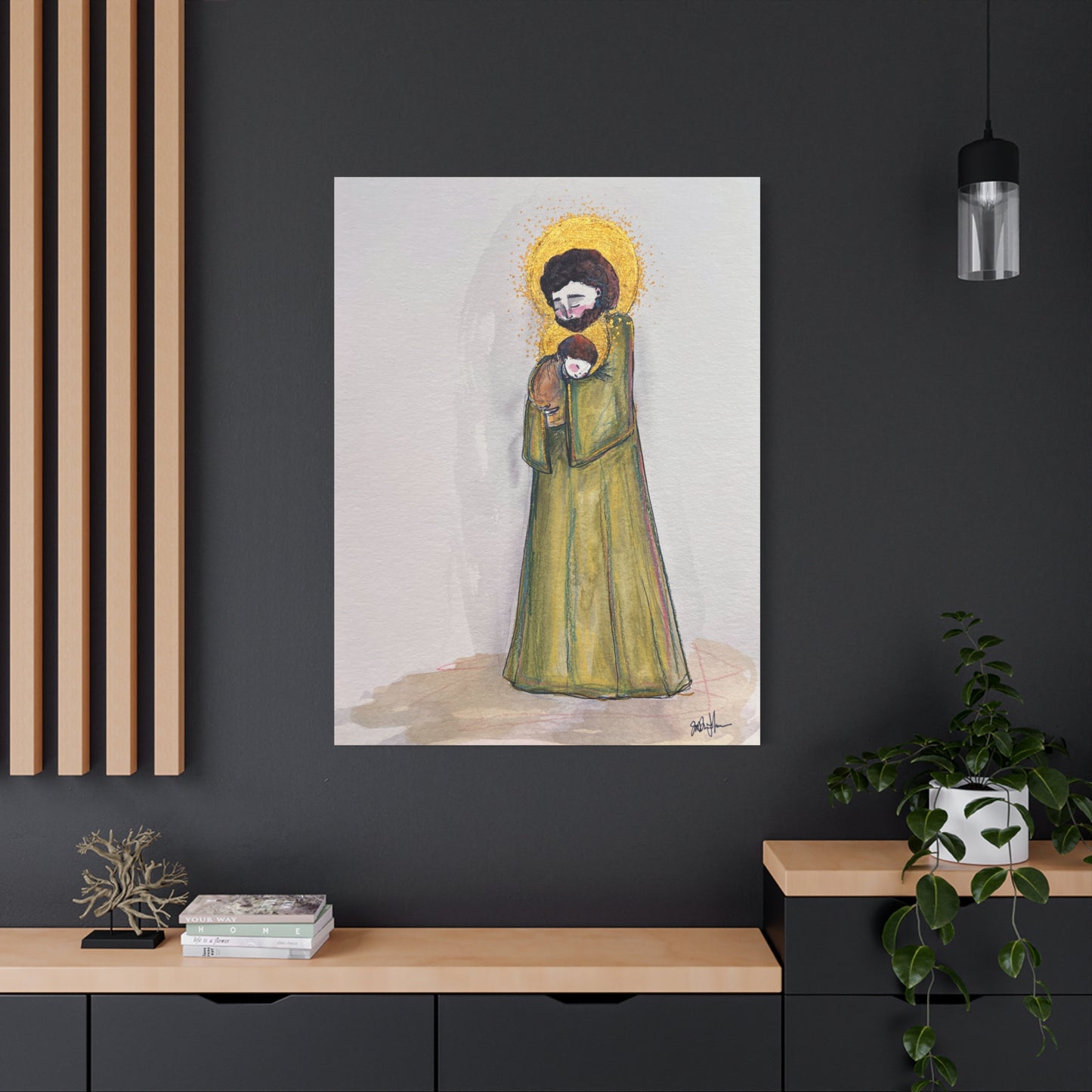 Saint Joseph and Child Jesus Catholic Canvas Print | Hand-Drawn Watercolor Sacred Art | Christian Devotional Wall Art