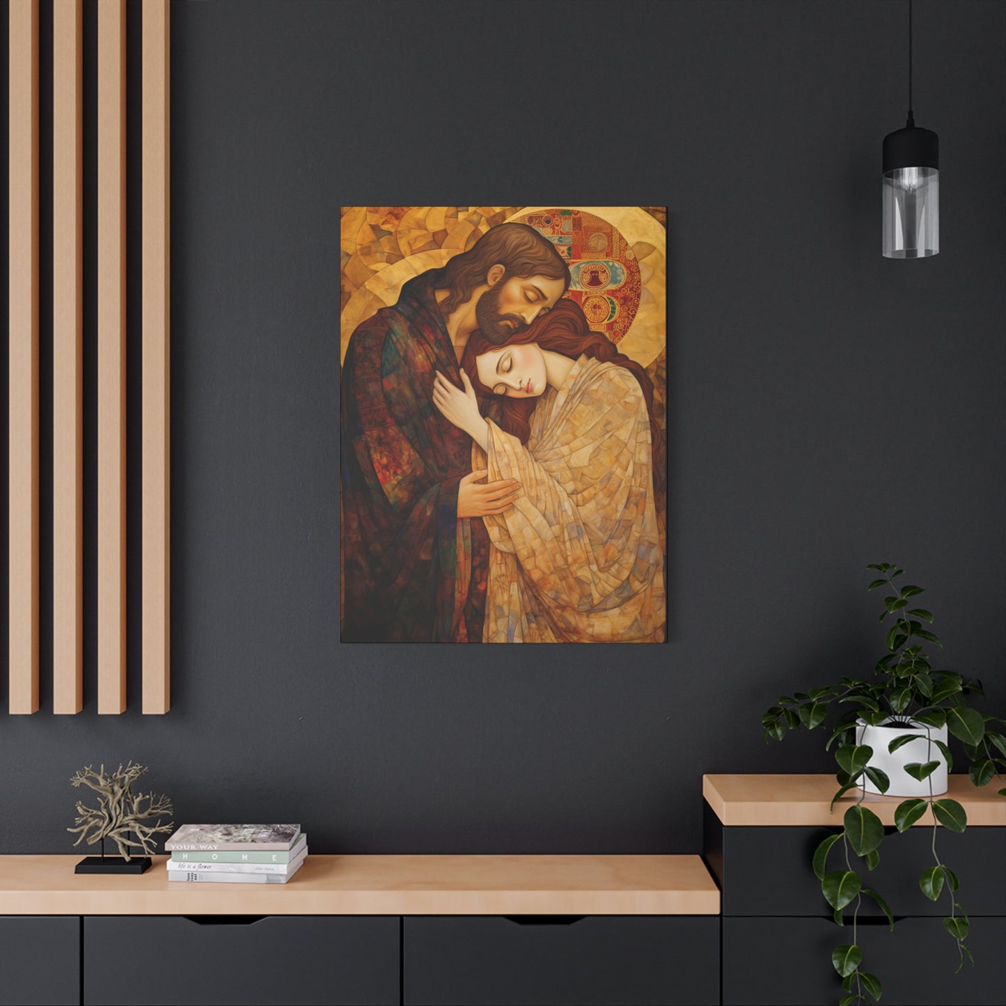 Healing Love- The Embrace of Christ and Mary Magdalene Museum Wrapped Canvas - Sanctified Souls Print -Based on Klimt's The Kiss