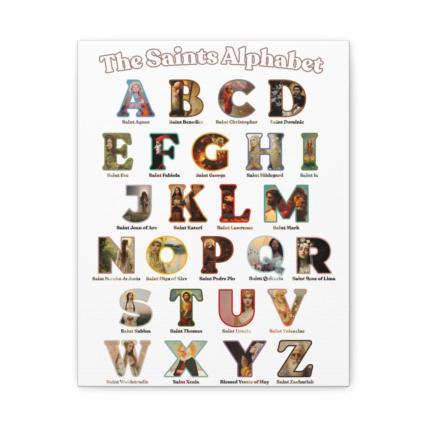 Catholic Saints ABC Alphabet Canvas - A to Z Saints Wall Art - Catholic Saints Chart - Catholic Nursery / Homeschool - Saints of the Church