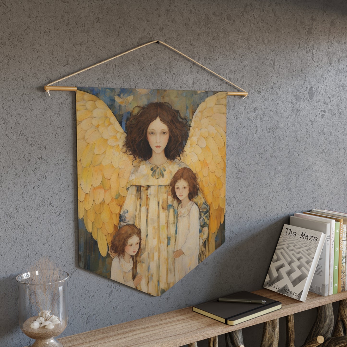 Embrace of the Guardian Wall Banner / Wall Hanging - Prayer room art - Guardian Angel Art - Nursery Room print - 18" x 21"