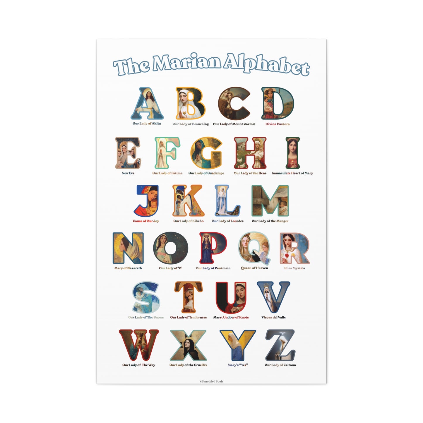Catholic Marian Alphabet ABC Canvas - Full Alphabet Large Canvas - Catholic ABC Mary - Marian Titles - Catholic Nursery / Homeschool